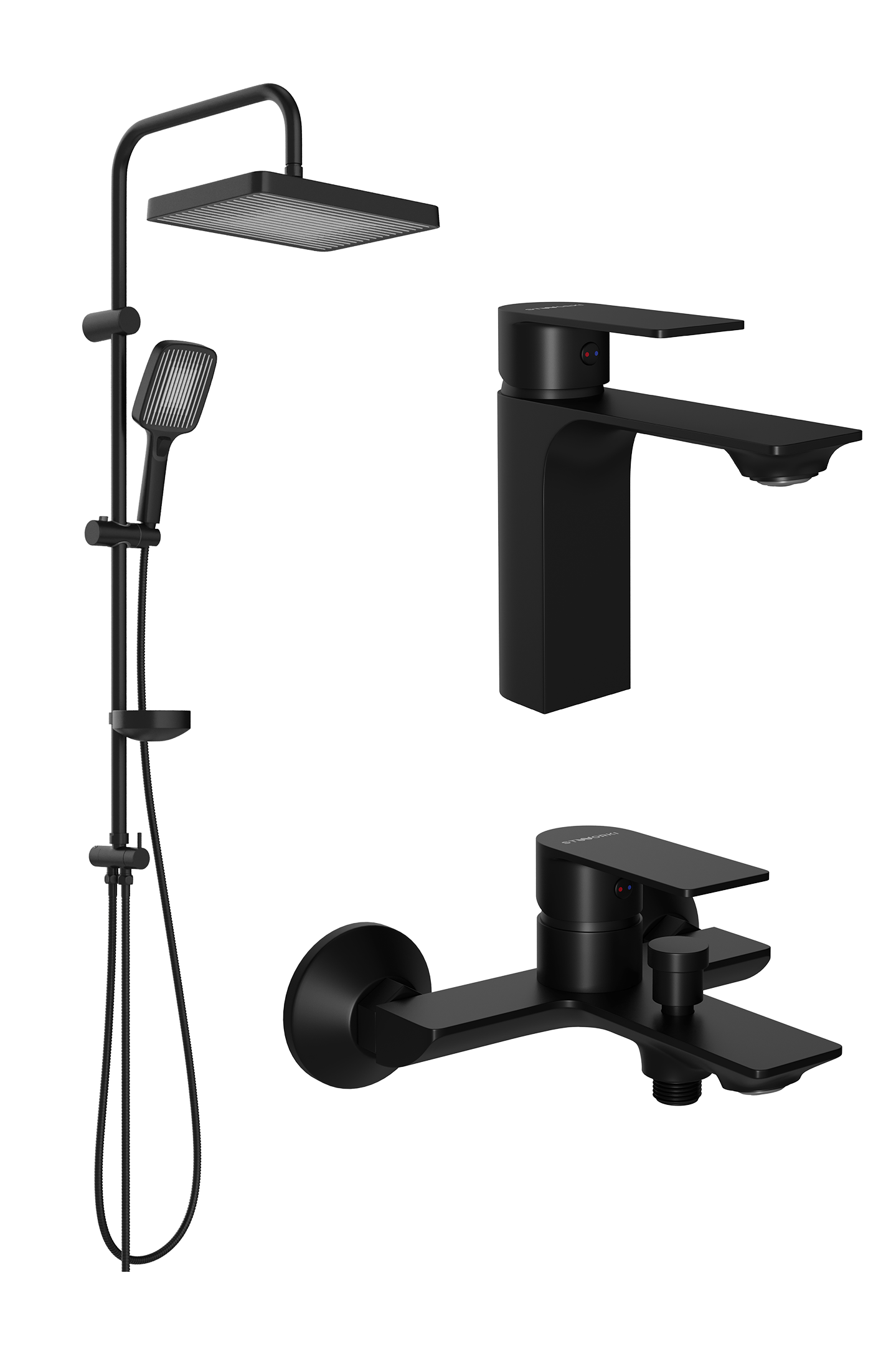 Комплект для ванной Смеситель STWORKI Гриндстед S29010BK черный + Стойка Берген S21180BK матовая черная + Смеситель S29100BK матовый черный