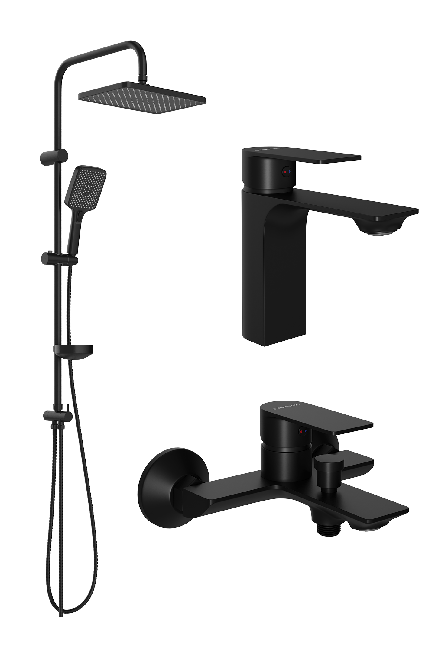 Комплект для ванной Смеситель STWORKI Гриндстед S29010BK черный + Стойка Колдинг S32180BK матовая черная + Смеситель S29100BK матовый черный