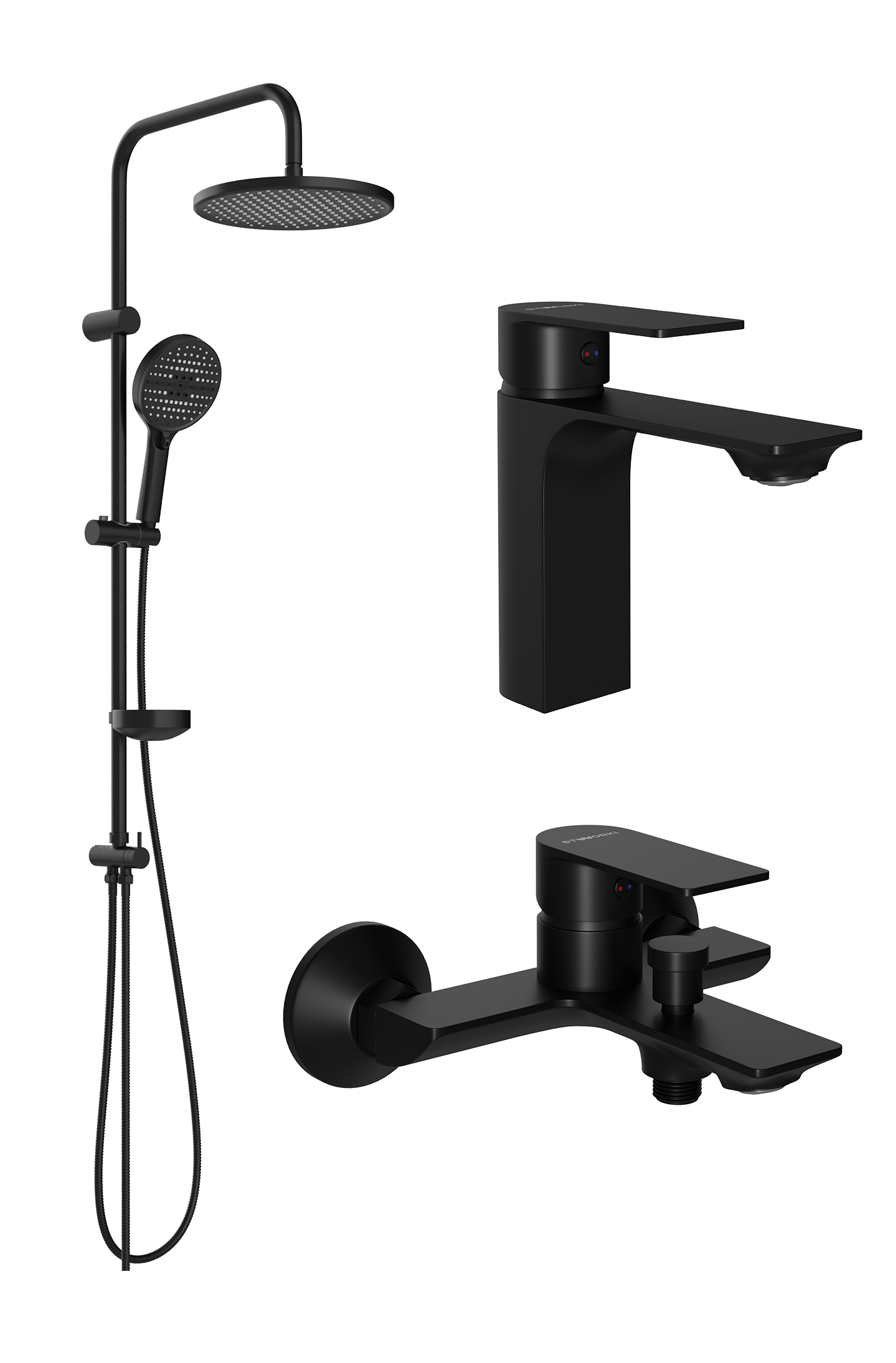 Комплект для ванной Смеситель STWORKI Гриндстед S29010BK черный + Стойка Хальмстад S15180BK матовая черная + Смеситель S29100BK матовый черный