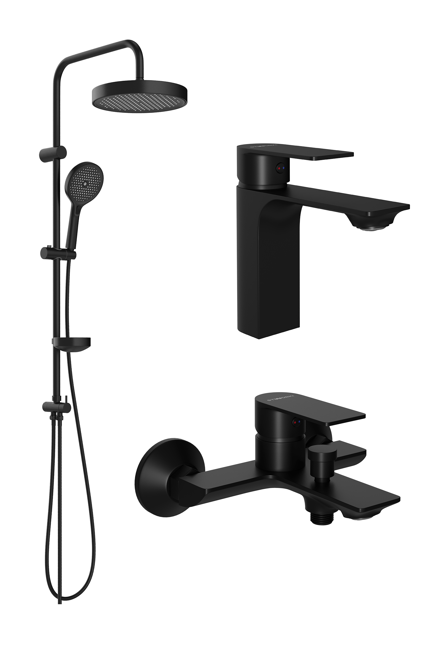 Комплект для ванной Смеситель STWORKI Гриндстед S29010BK черный + Стойка Монтре S30180BK матовая черная + Смеситель S29100BK матовый черный