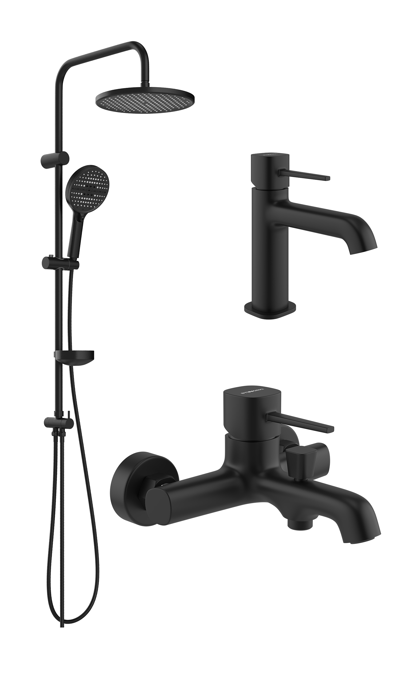 Комплект для ванной Смеситель STWORKI Эстерсунд S31010BK черный + Стойка Хальмстад S15180BK матовая черная + Смеситель S31100BK матовый черный