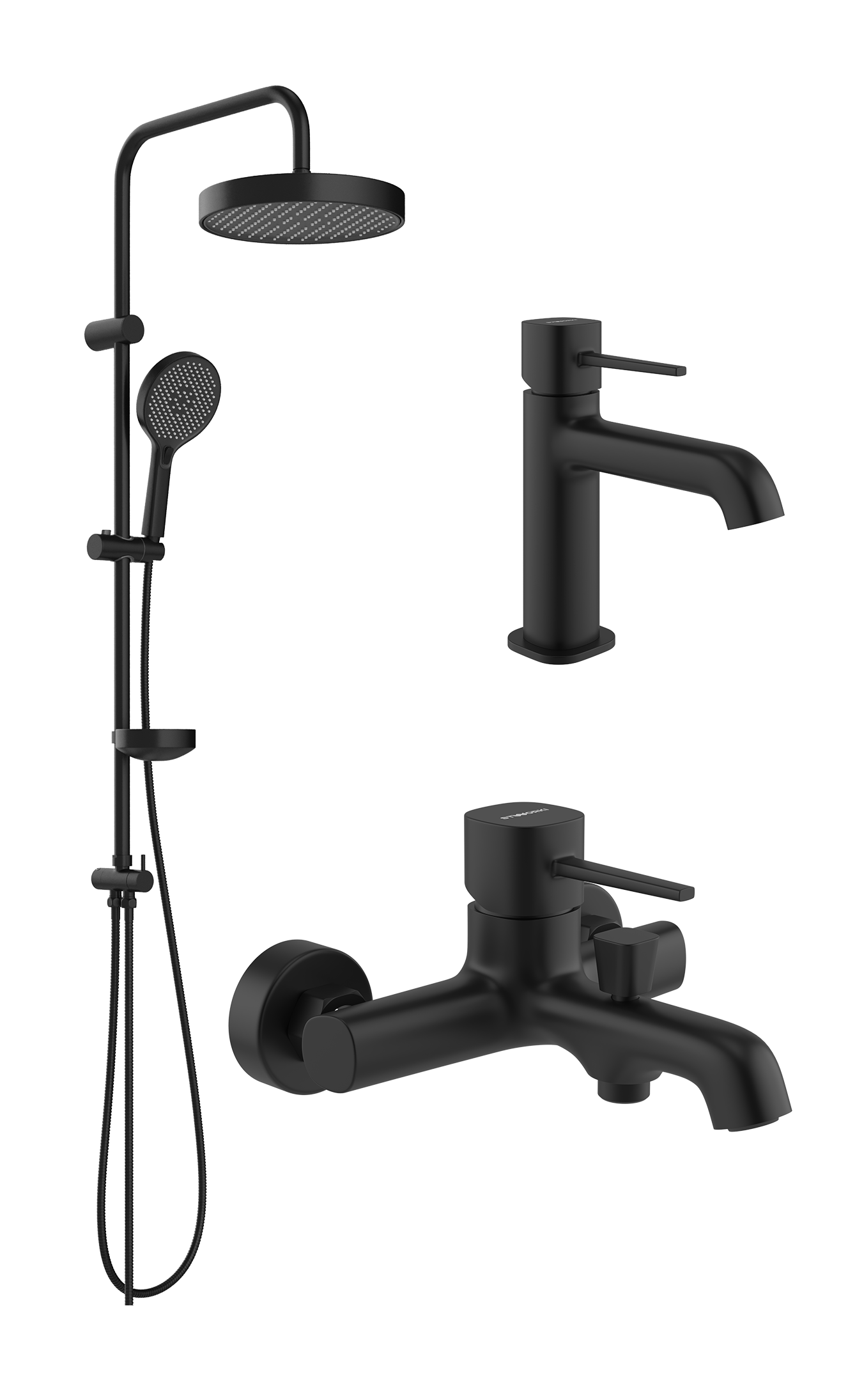 Комплект для ванной Смеситель STWORKI Эстерсунд S31010BK черный + Стойка Молде S23180BK матовая черная + Смеситель S31100BK матовый черный