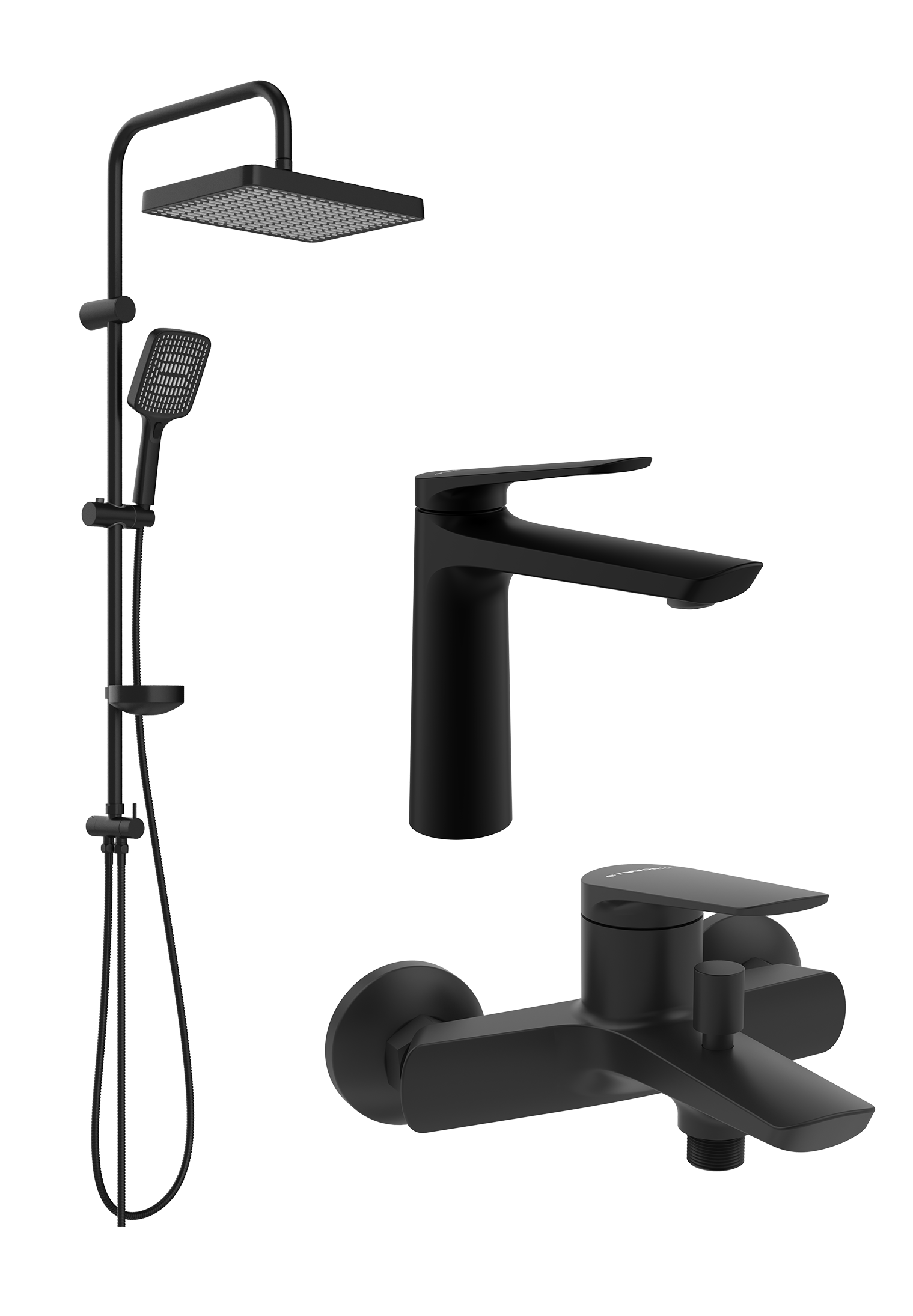 Комплект для ванной Смеситель STWORKI Вирклунд S05010BK матовый черный + Стойка Хадстен S17180BK матовая черная + Смеситель S05100BK матовый чёрный