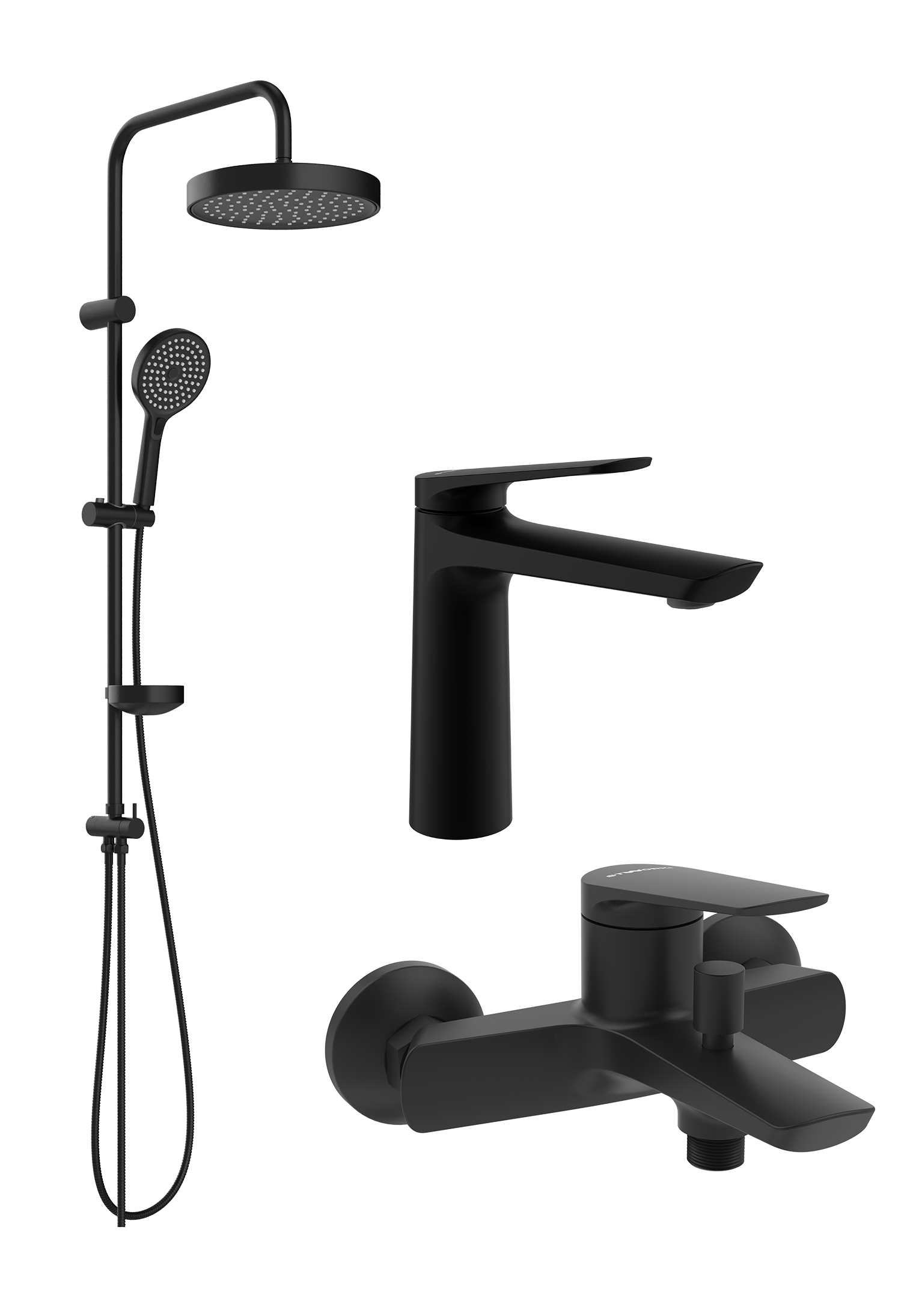 Комплект для ванной Смеситель STWORKI Вирклунд S05010BK матовый черный + Стойка Хельсингборг S18180BK матовая черная + Смеситель S05100BK матовый чёрный