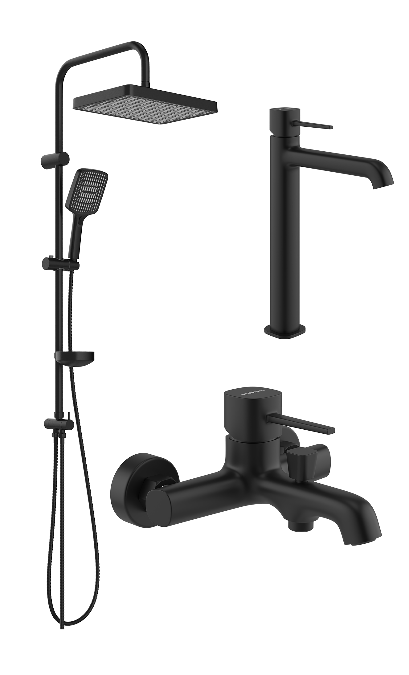 Комплект для ванной Смеситель STWORKI Эстерсунд S31020BK черный + Стойка Хадстен S17180BK матовая черная + Смеситель S31100BK матовый черный