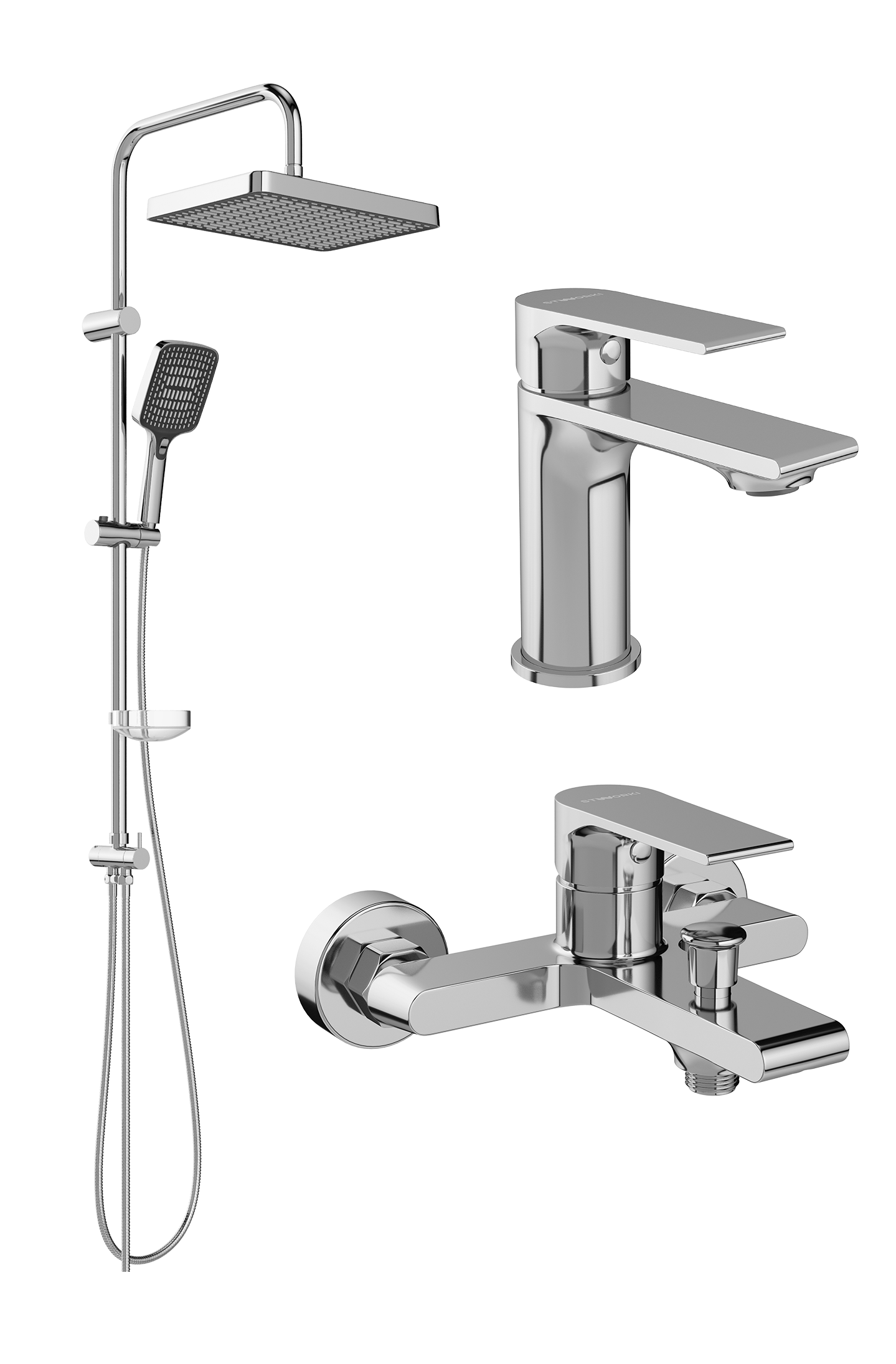 Комплект для ванной Смеситель STWORKI Колдинг S32010CR хром + Стойка Хадстен S17180CR хром + Смеситель S32100CR хром