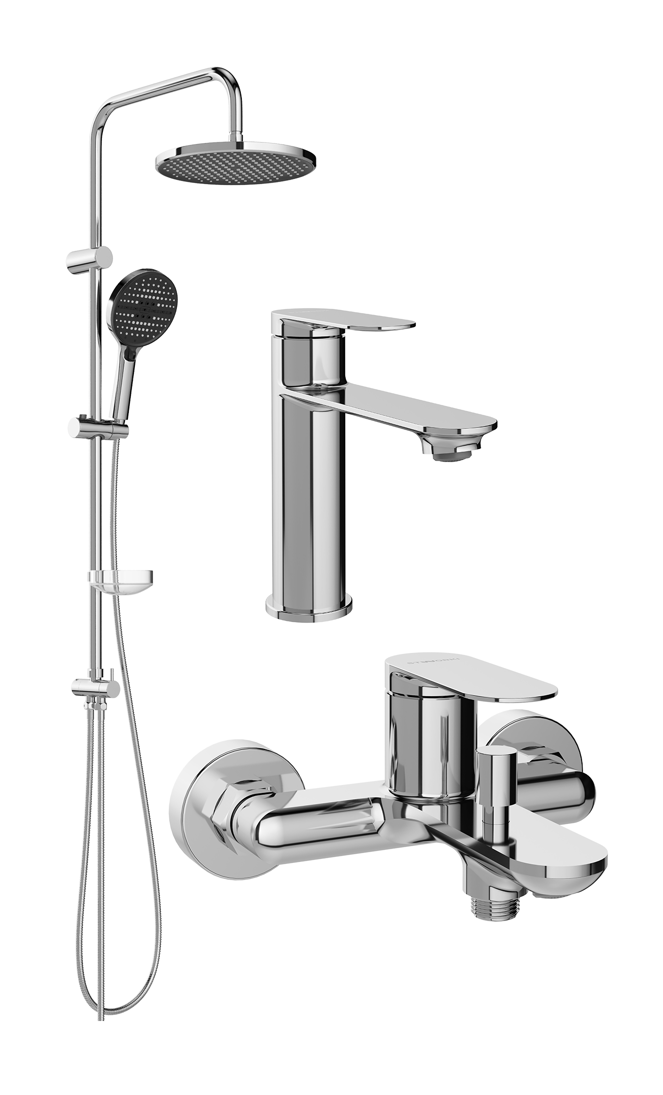 Комплект для ванной Смеситель STWORKI Сортланд S10010CR хром + Стойка Хальмстад S15180CR хром + Смеситель S10100CR хром