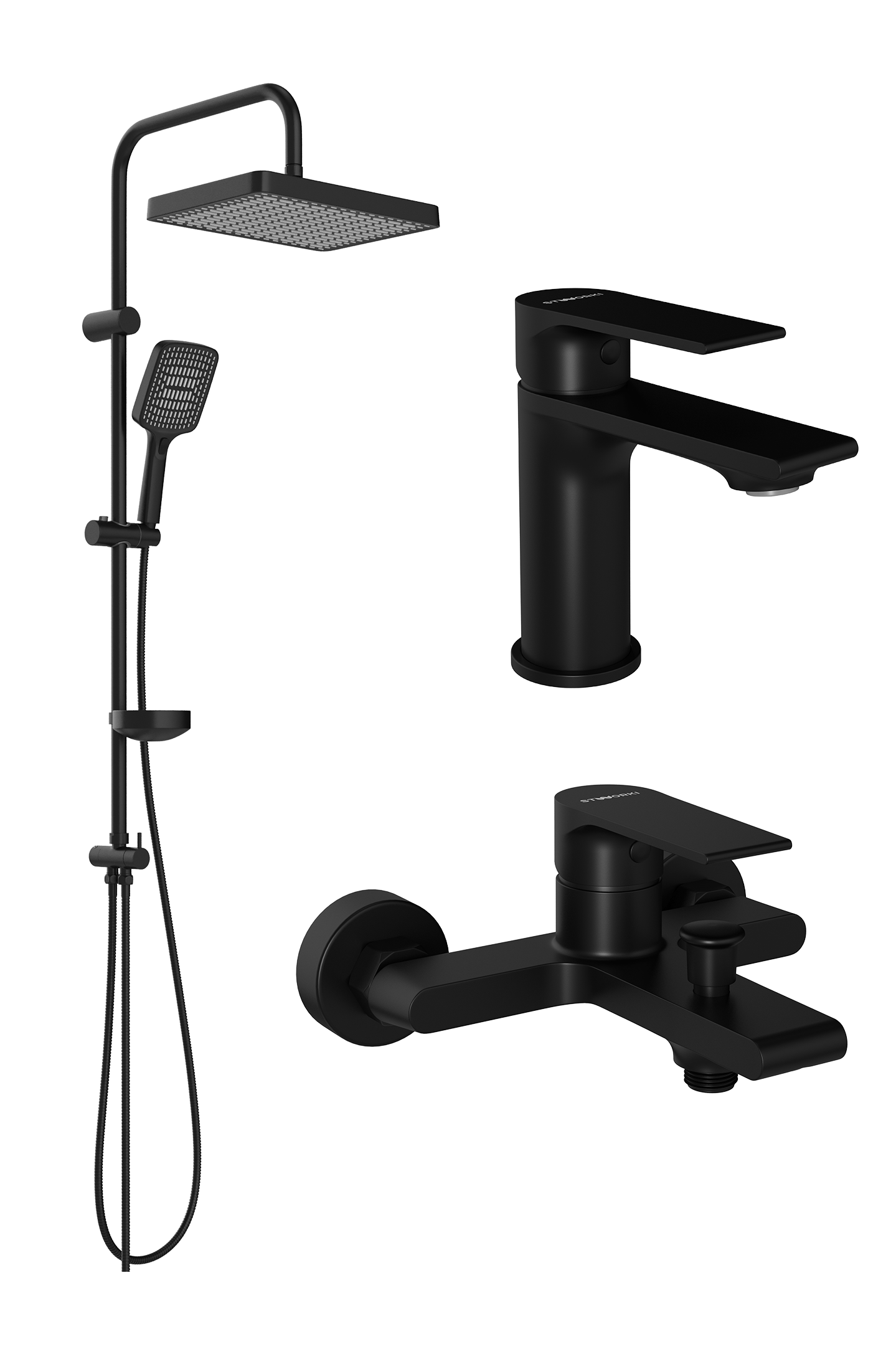 Комплект для ванной Смеситель STWORKI Колдинг S32010BK черный + Стойка Хадстен S17180BK матовая черная + Смеситель S32100BK матовый черный