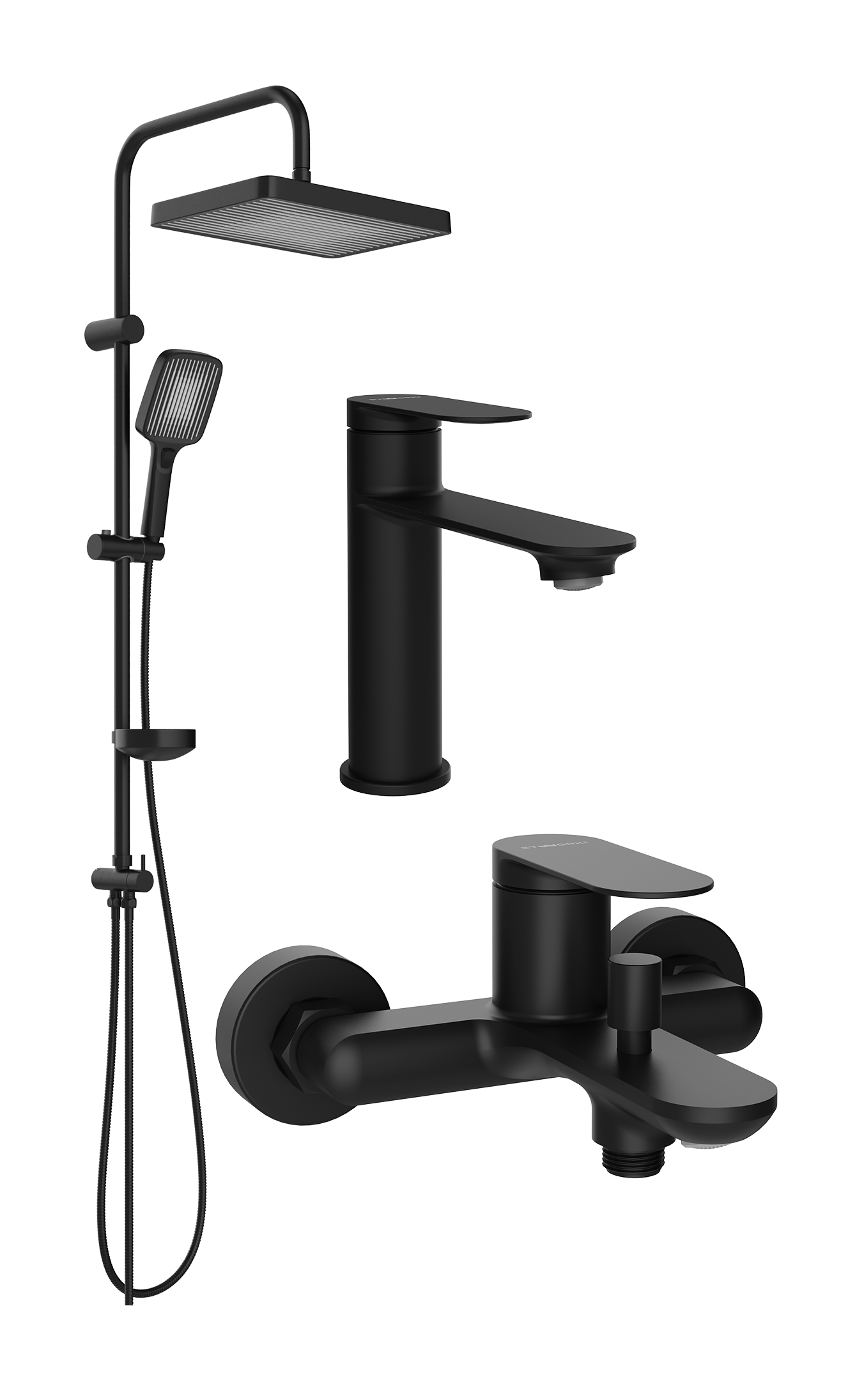 Комплект для ванной Смеситель STWORKI Сортланд S10010BK матовый черный + Стойка Берген S21180BK матовая черная + Смеситель S10100BK матовый чёрный