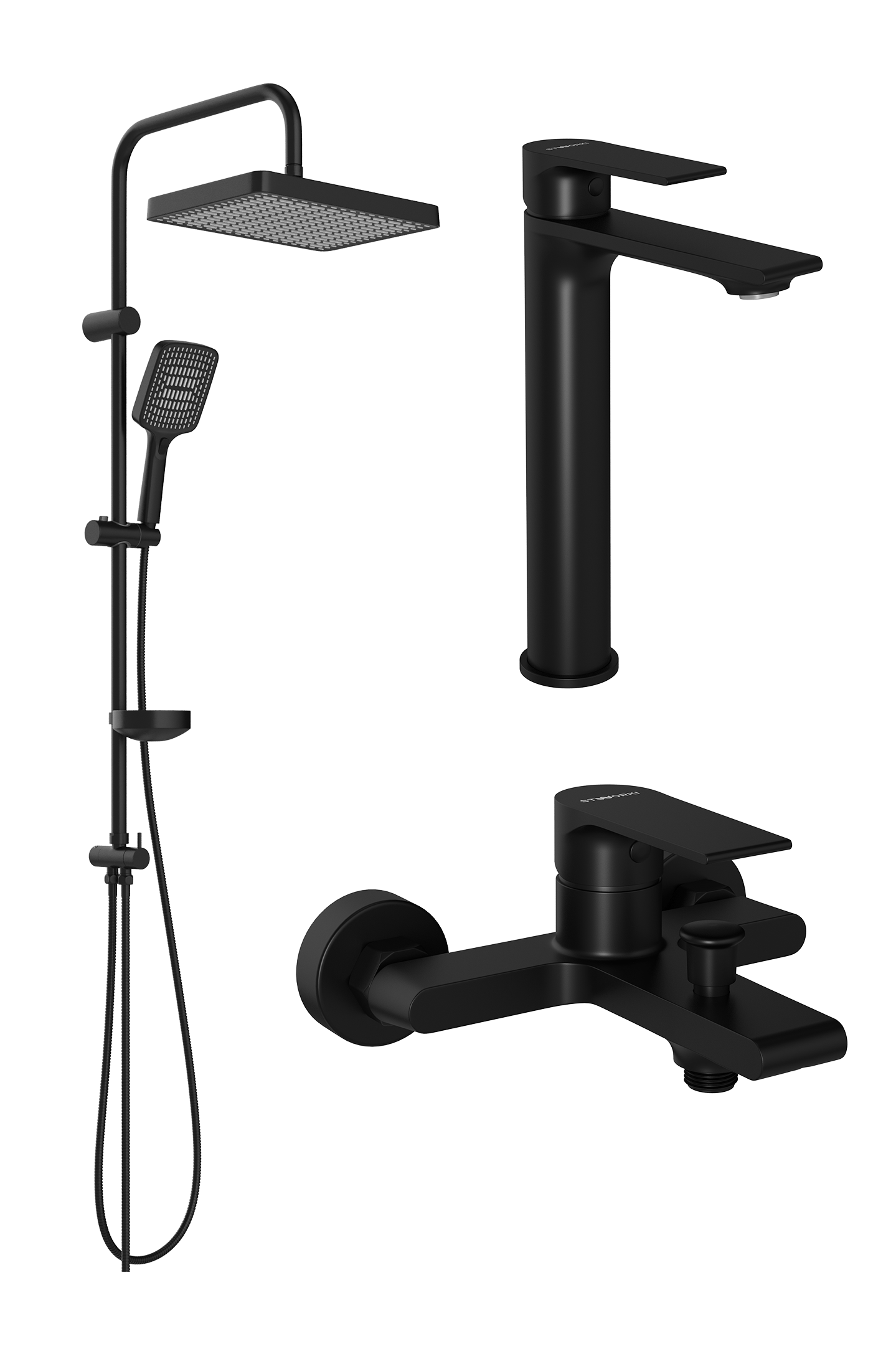 Комплект для ванной Смеситель STWORKI Колдинг S32020BK черный + Стойка Хадстен S17180BK матовая черная + Смеситель S32100BK матовый черный