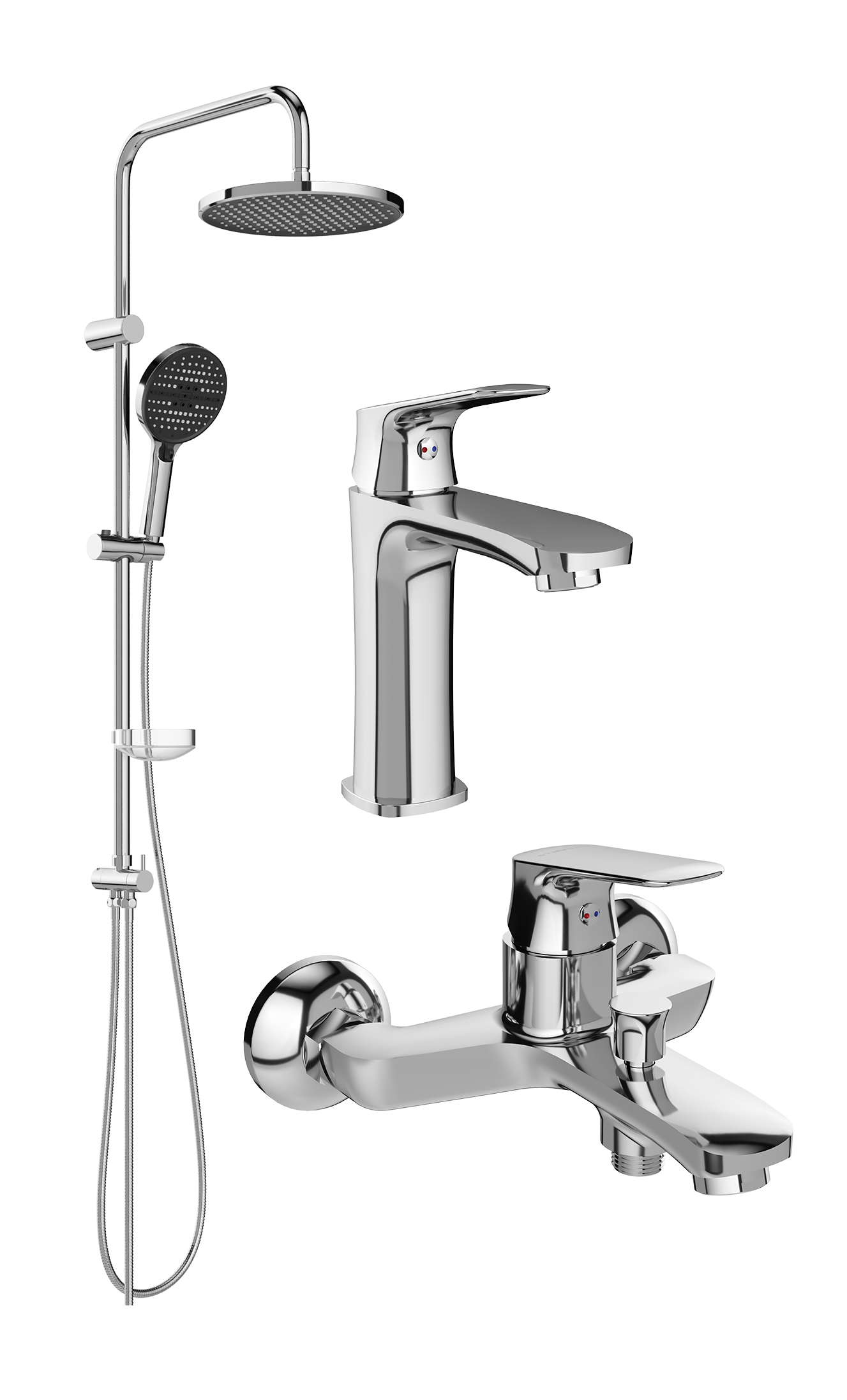 Комплект для ванной Смеситель STWORKI Ши S16010CR хром + Стойка Хальмстад S15180CR хром + Смеситель S16100CR хром