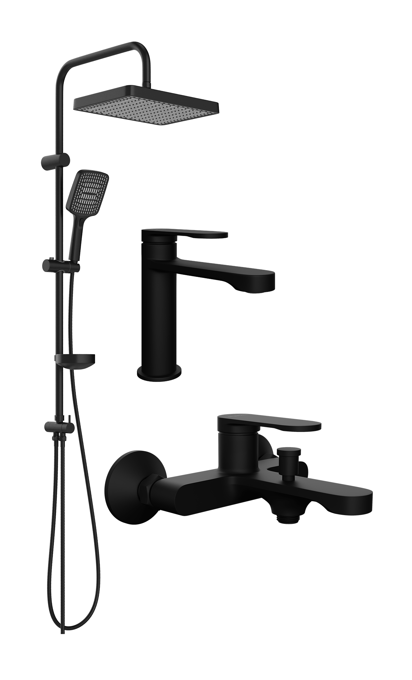 Комплект для ванной Смеситель STWORKI Ноттвиль S34010BK черный + Стойка Хадстен S17180BK матовая черная + Смеситель S34100BK матовый черный