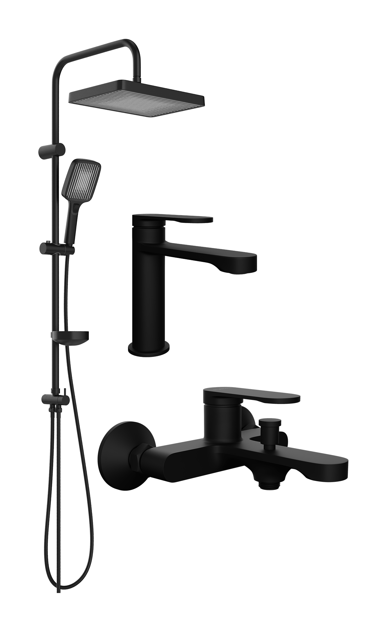 Комплект для ванной Смеситель STWORKI Ноттвиль S34010BK черный + Стойка Берген S21180BK матовая черная + Смеситель S34100BK матовый черный