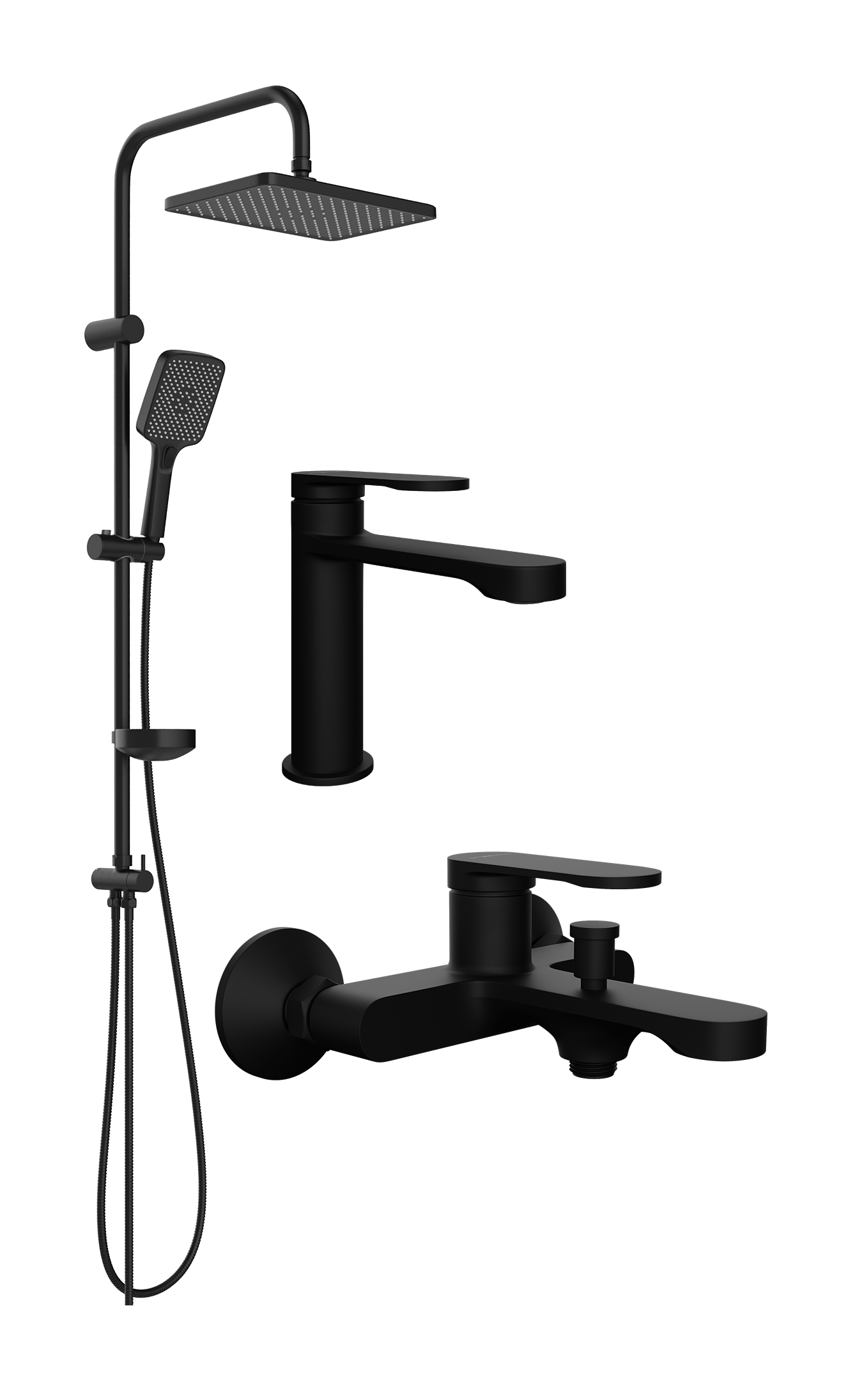 Комплект для ванной Смеситель STWORKI Ноттвиль S34010BK черный + Стойка Колдинг S32180BK матовая черная + Смеситель S34100BK матовый черный