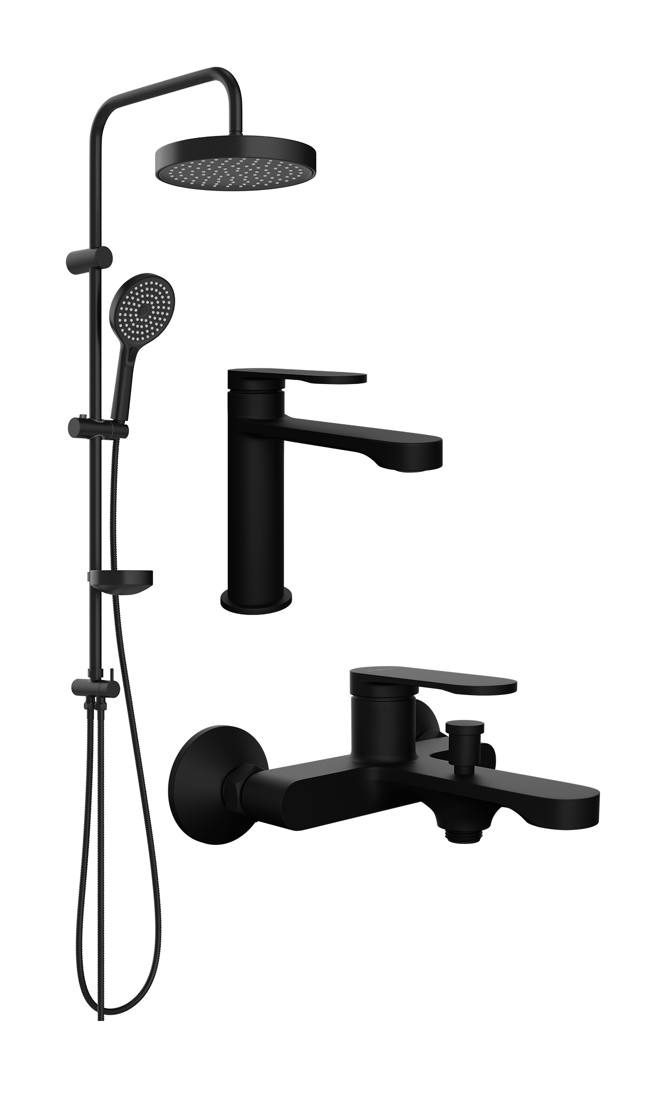Комплект для ванной Смеситель STWORKI Ноттвиль S34010BK черный + Стойка Хельсингборг S18180BK матовая черная + Смеситель S34100BK матовый черный
