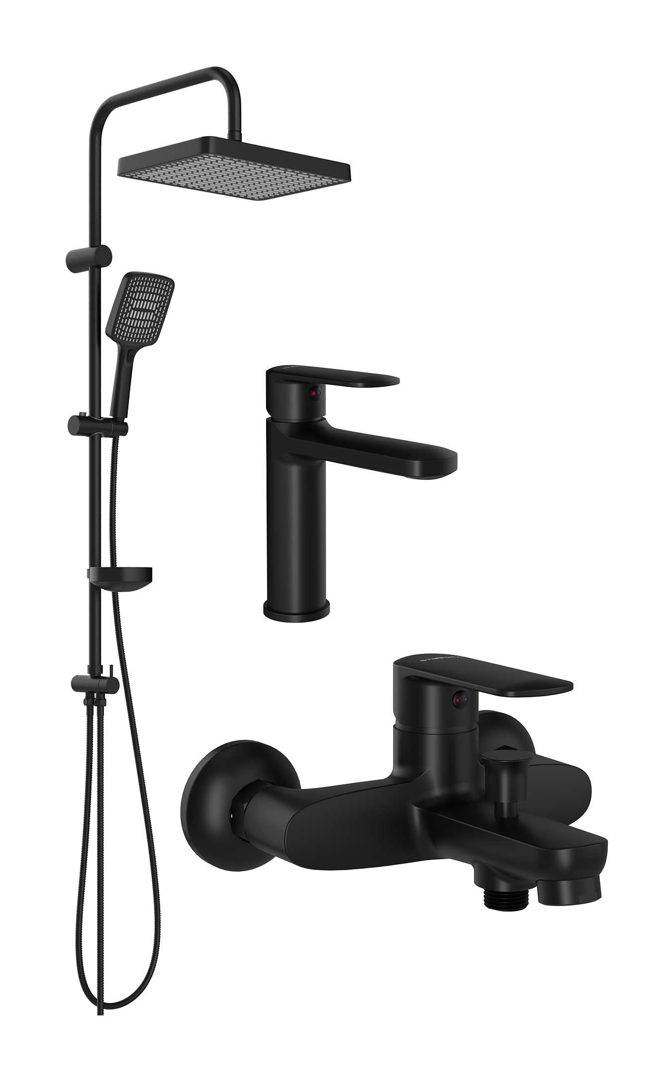 Комплект для ванной Смеситель STWORKI Хадстен S17010BK матовый черный + Стойка S17180BK матовая черная + Смеситель S17100BK матовый чёрный