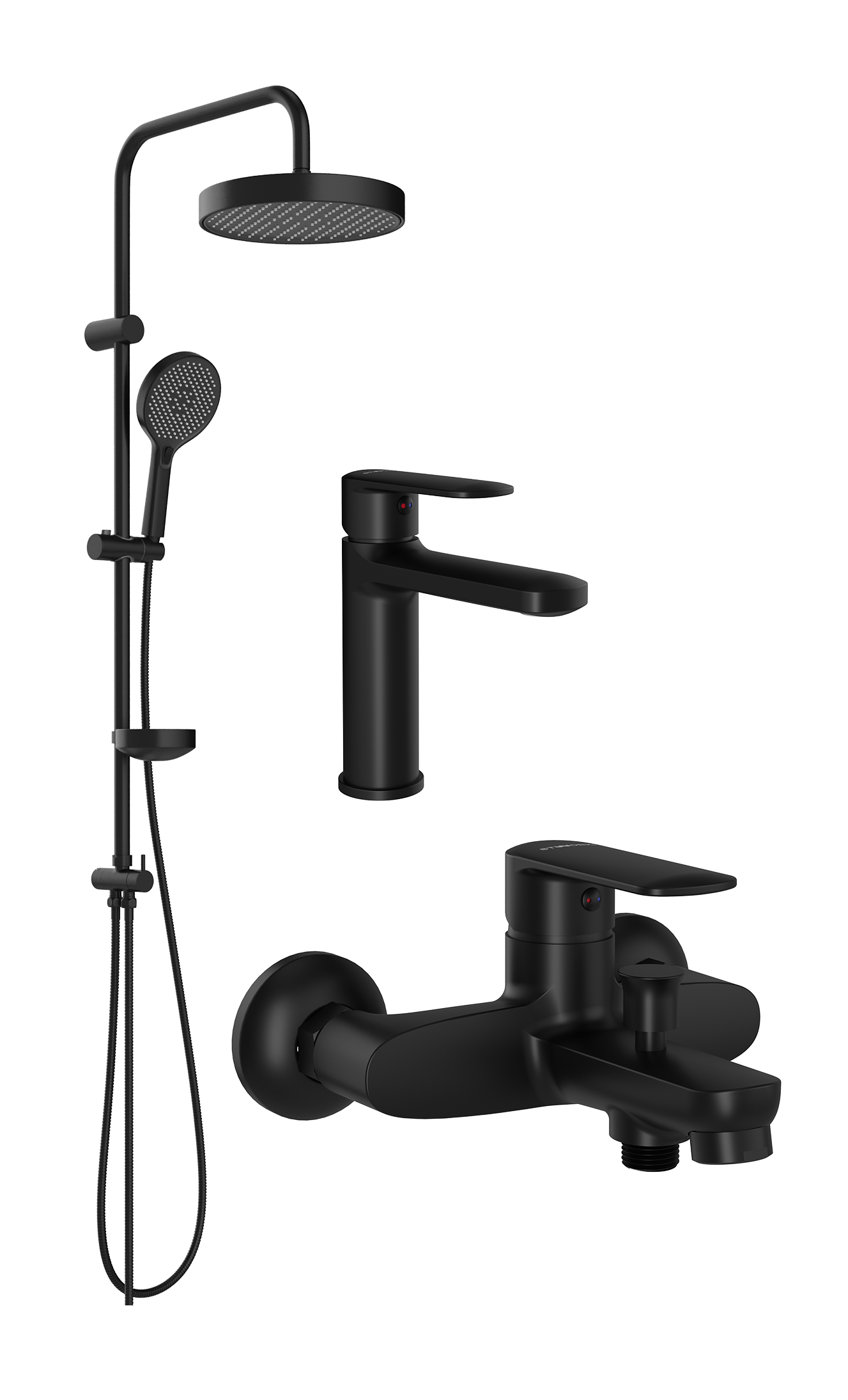 Комплект для ванной Смеситель STWORKI Хадстен S17010BK матовый черный + Стойка Молде S23180BK матовая черная + Смеситель S17100BK матовый чёрный