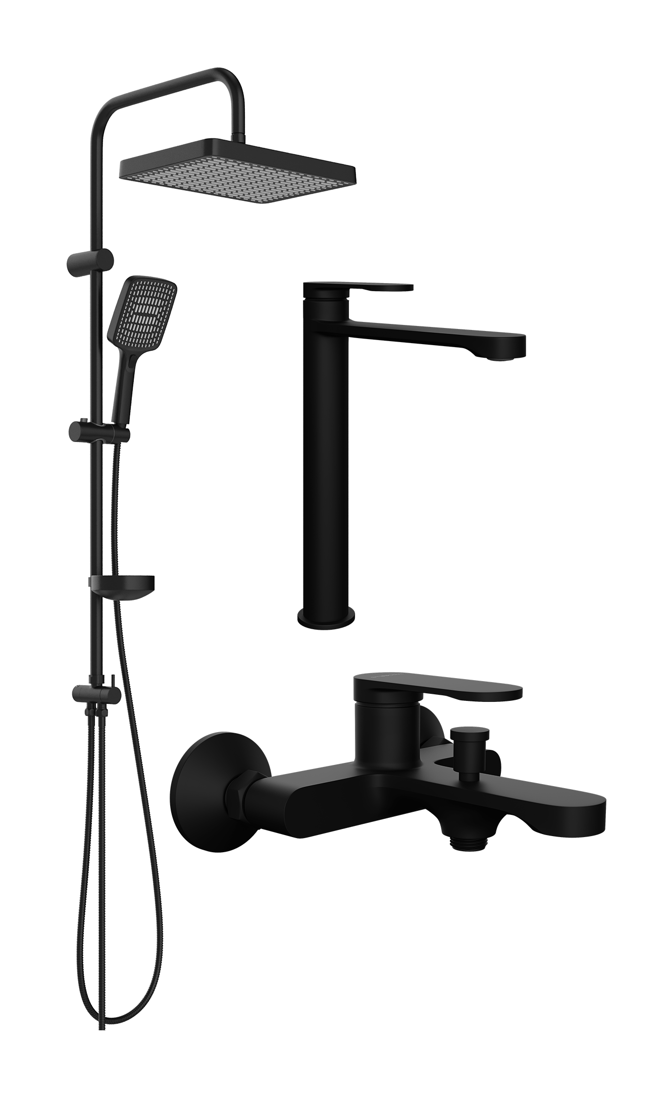 Комплект для ванной Смеситель STWORKI Ноттвиль S34020BK черный + Стойка Хадстен S17180BK матовая черная + Смеситель S34100BK матовый черный