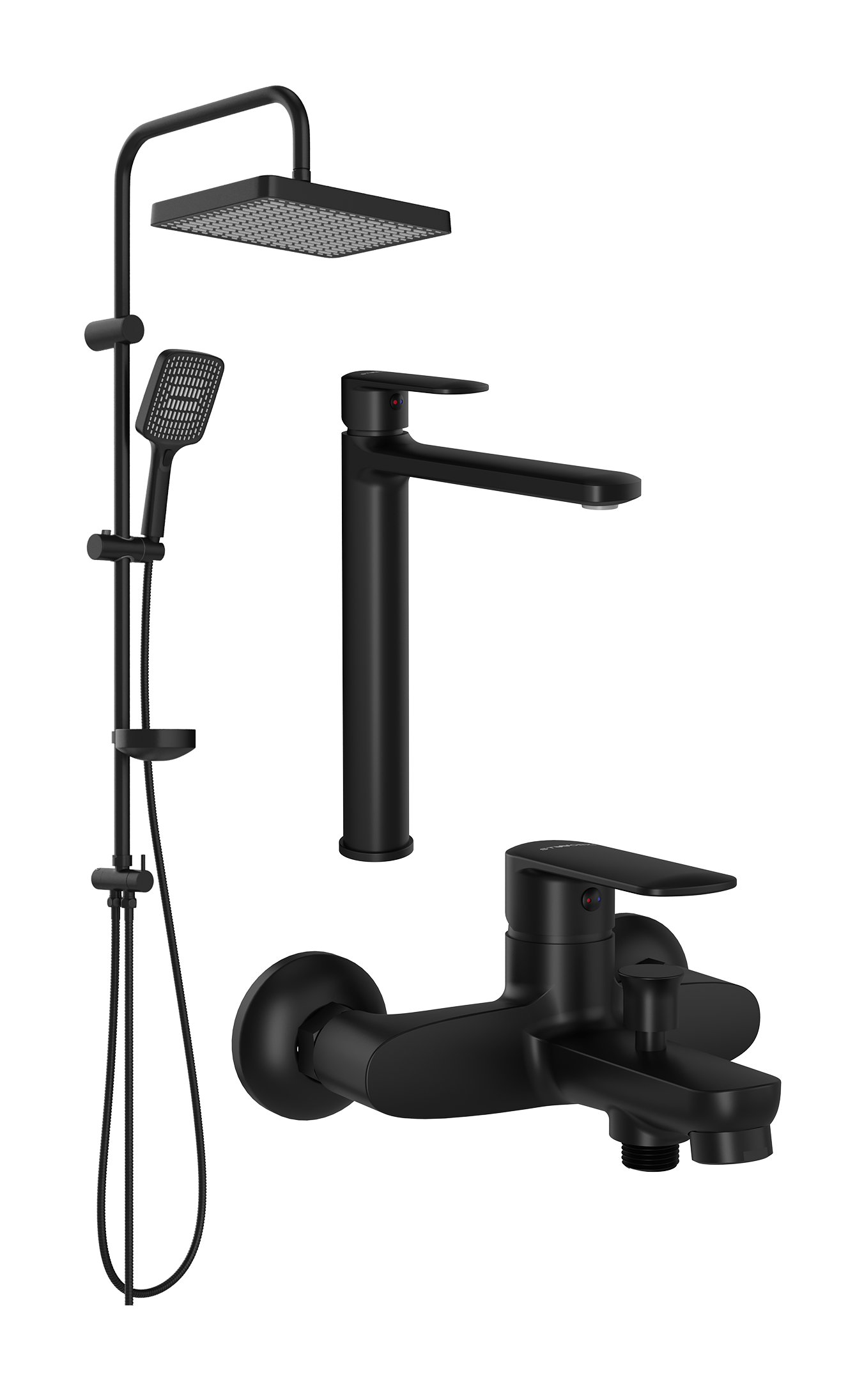 Комплект для ванной Смеситель STWORKI Хадстен S17020BK матовый черный + Стойка S17180BK матовая черная + Смеситель S17100BK матовый чёрный