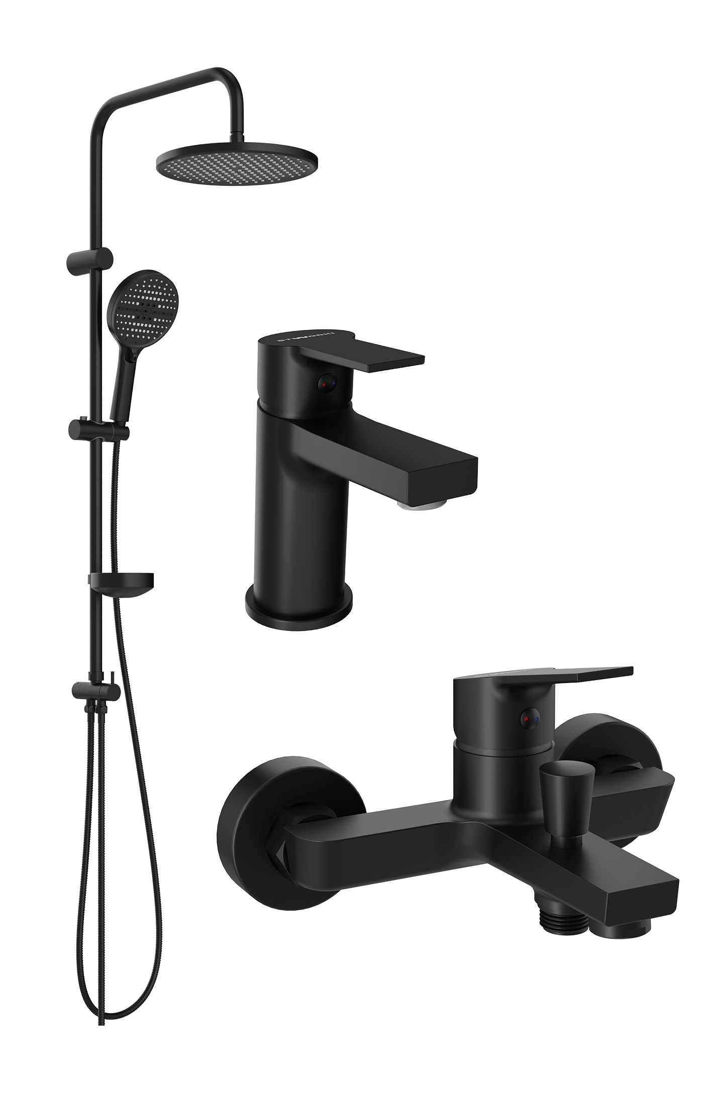 Комплект для ванной Смеситель STWORKI Кронборг S28010BK матовый черный + Стойка Хальмстад S15180BK матовая черная + Смеситель S28100BK матовый чёрный