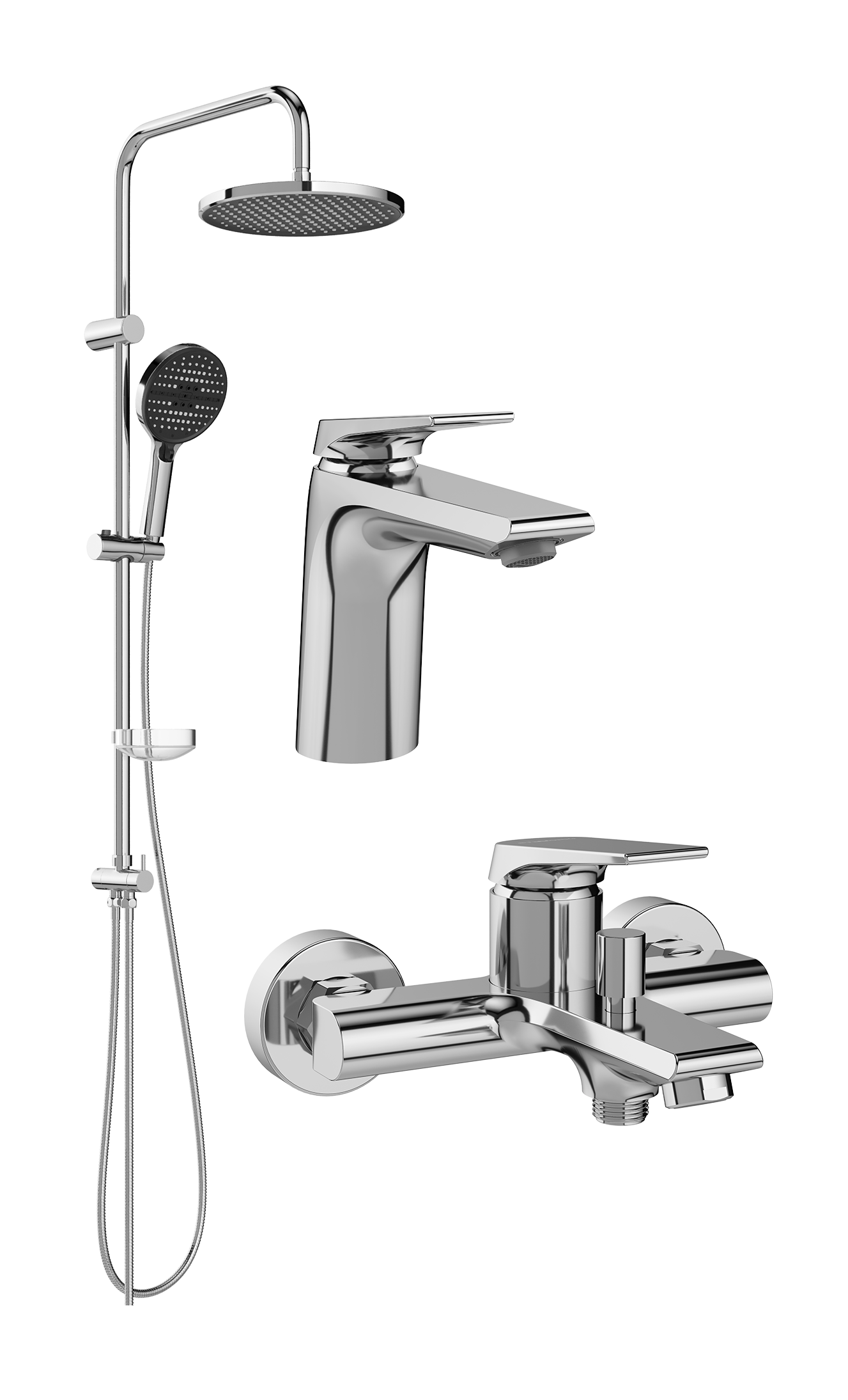 Комплект для ванной Смеситель STWORKI Монтре S30010CR хром + Стойка Хальмстад S15180CR хром + Смеситель S30100CR хром