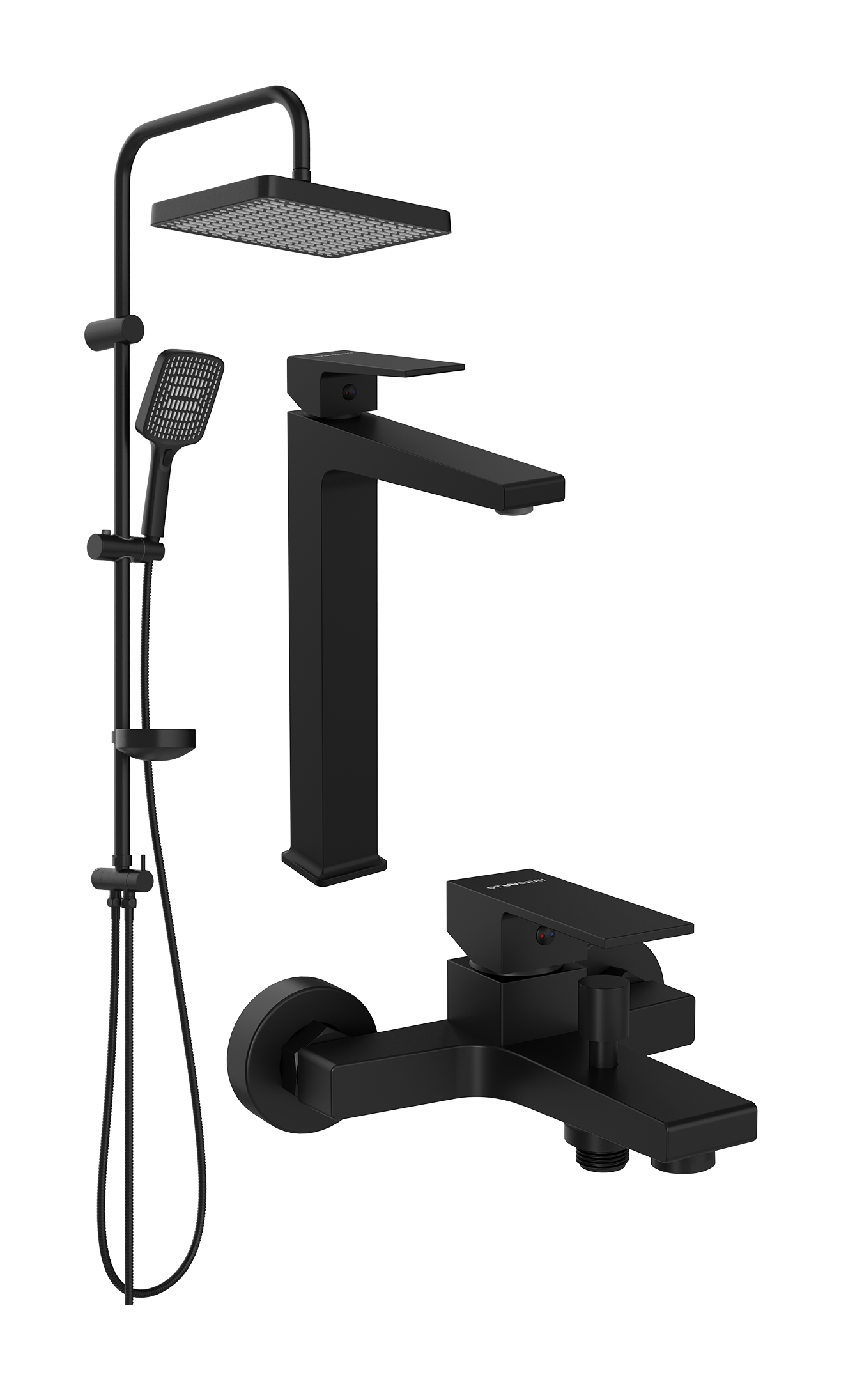 Комплект для ванной Смеситель STWORKI Нюборг S37020BK матовый черный + Стойка Хадстен S17180BK матовая черная + Смеситель S37100BK матовый чёрный