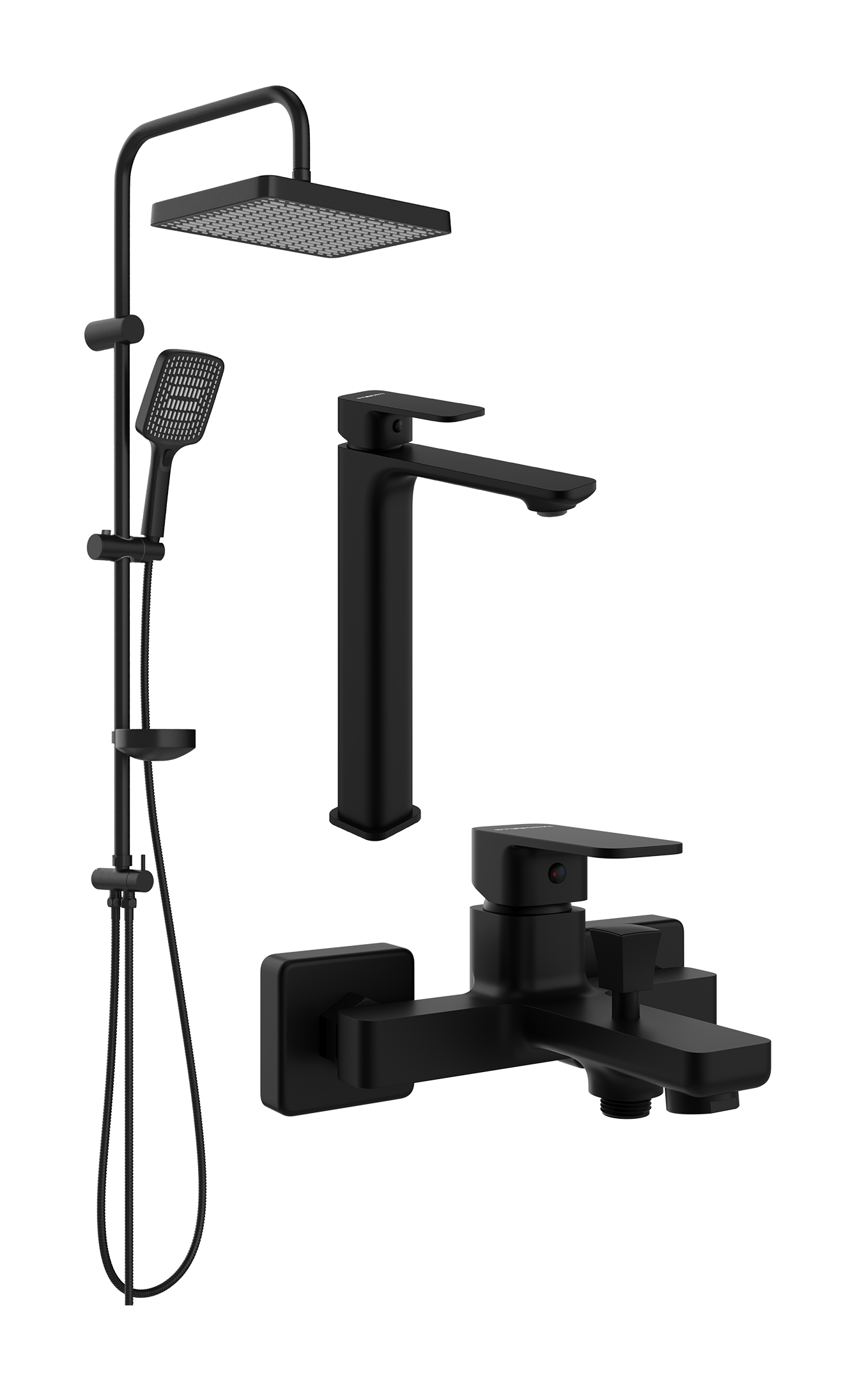 Комплект для ванной Смеситель STWORKI Мосс S43020BK матовый черный + Стойка Хадстен S17180BK матовая черная + Смеситель S43100BK матовый чёрный