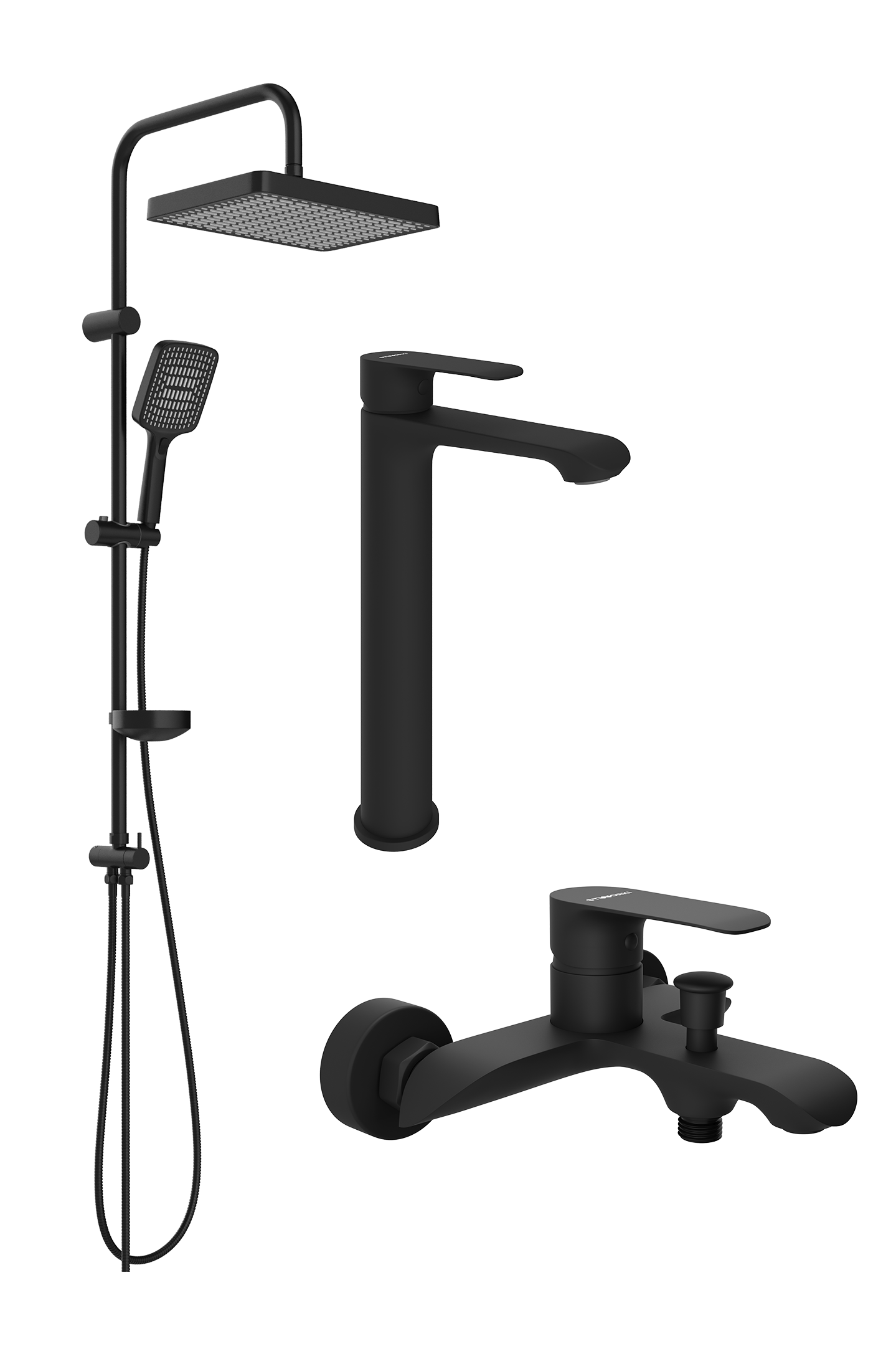 Комплект для ванной Смеситель STWORKI Копенгаген S42020BK, черный + Стойка Хадстен S17180BK, матовая черная + Смеситель S42100BK, матовый черный