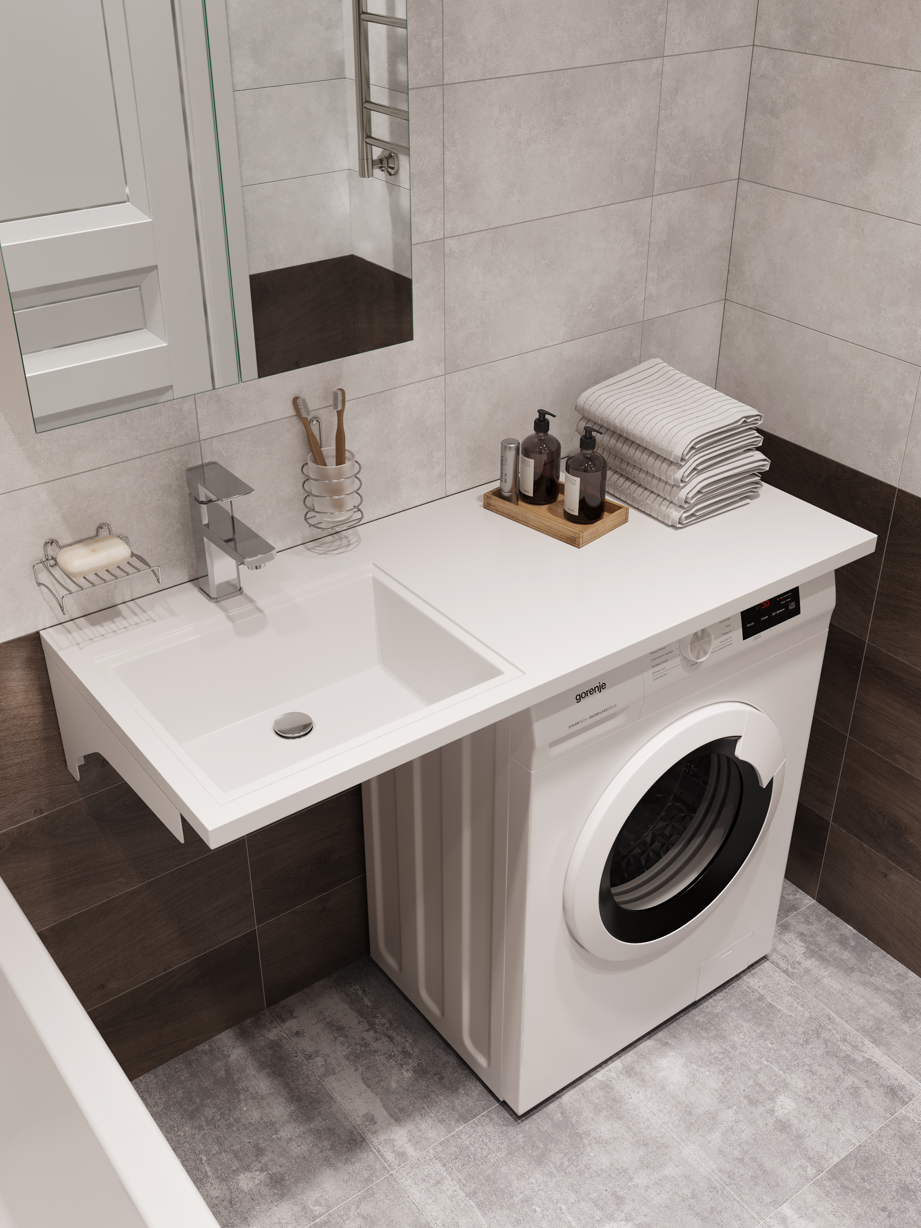 Раковина над стиральной машиной DIWO Тольятти 120 L глянцевая белая, прямоугольная, фаянс, со столешницей справа, с комплектом кронштейнов