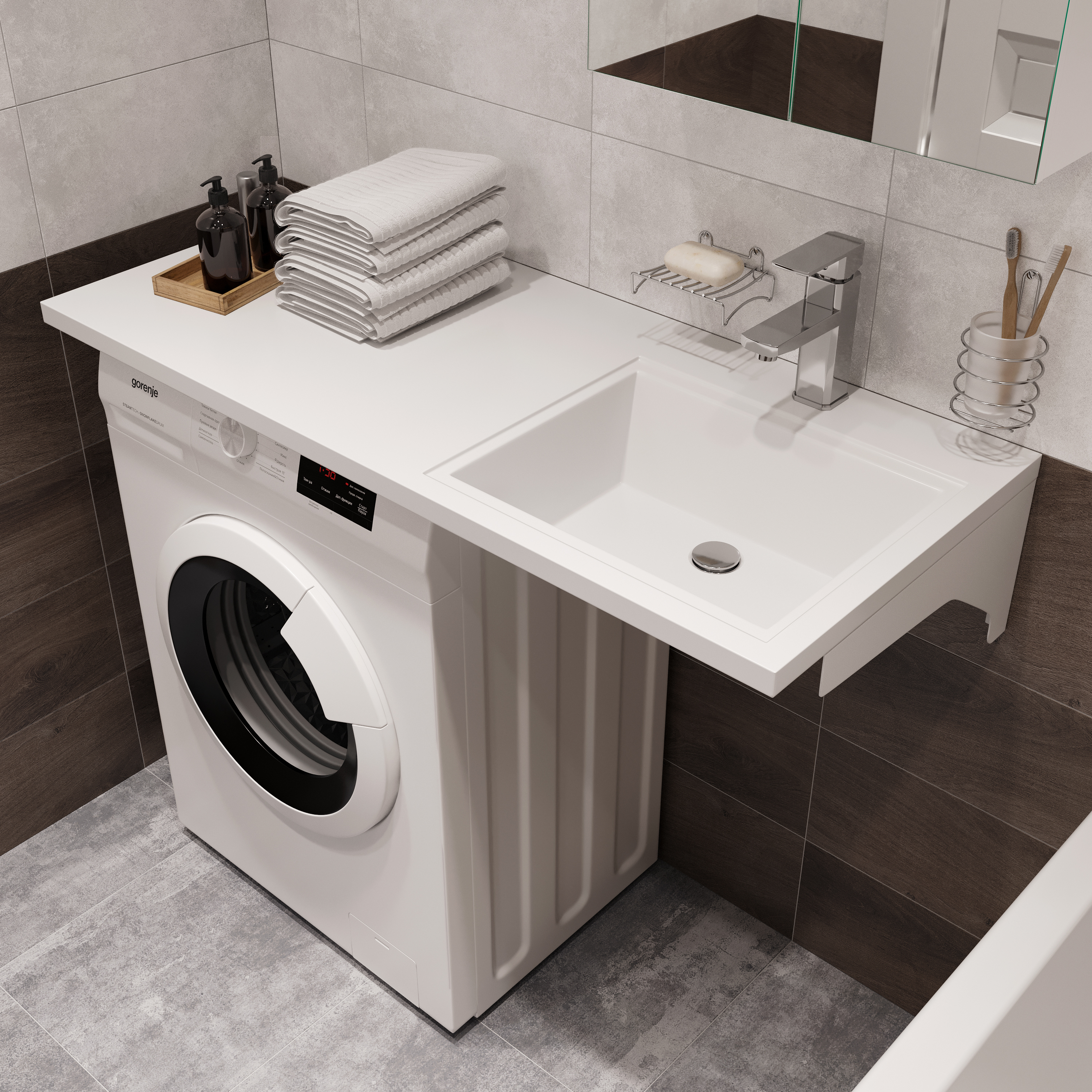 Раковина над стиральной машиной DIWO Тольятти 120 R глянцевая белая, прямоугольная, искусственный камень, со столешницей слева, с комплектом кронштейнов