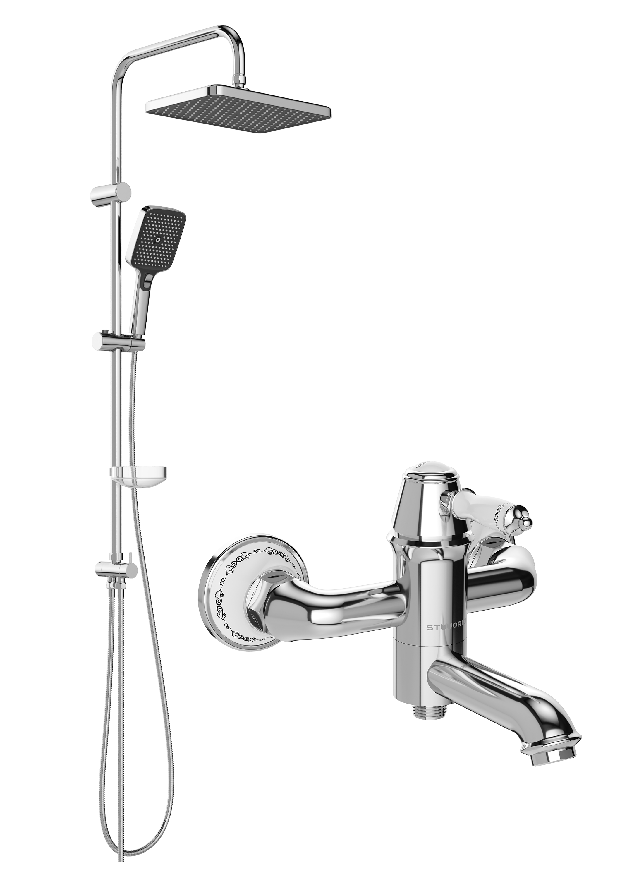 Душевой комплект Смеситель STWORKI Свендборг S02100CR хром + Стойка Вестерос S26180CR