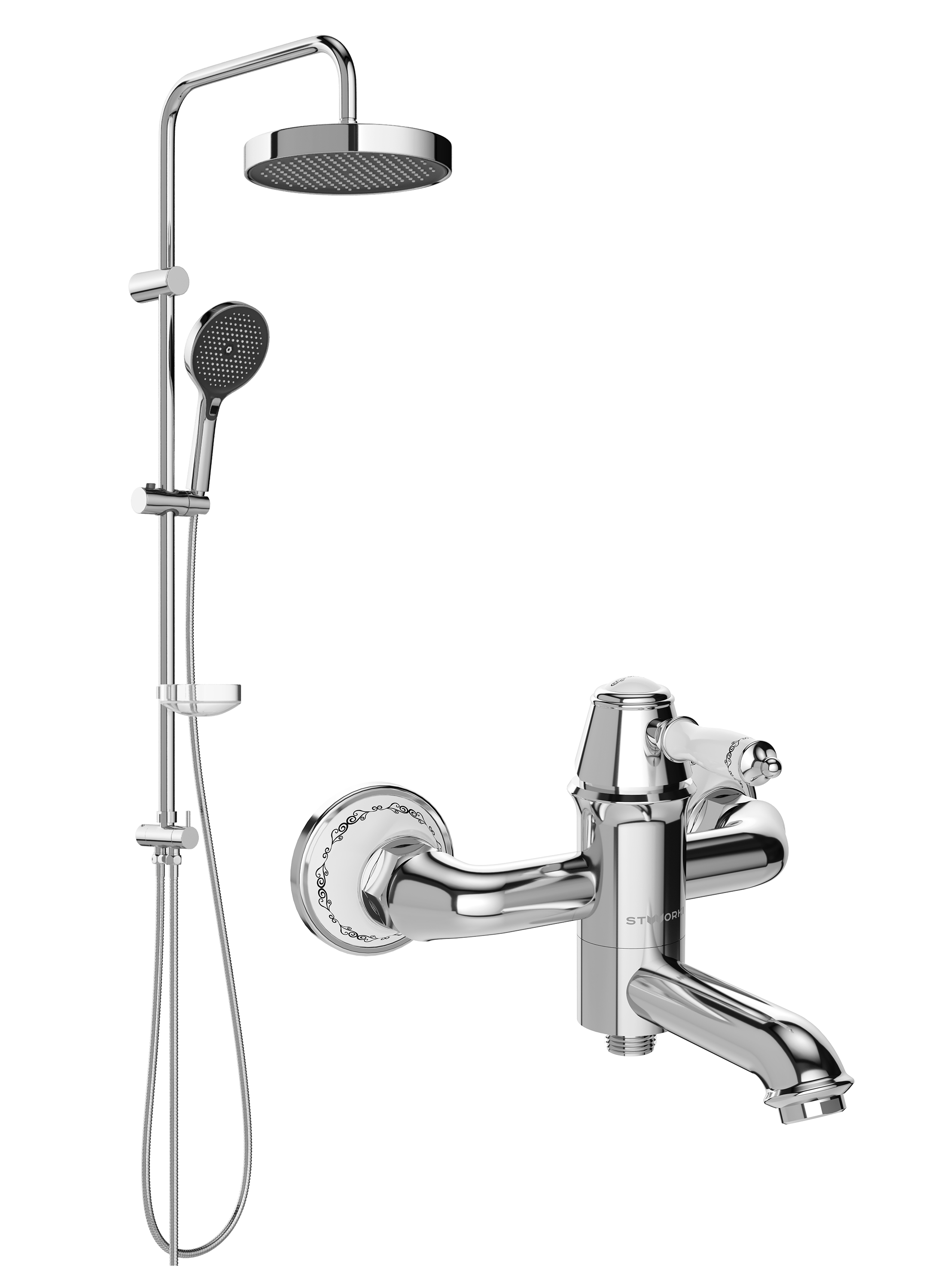 Душевой комплект Смеситель STWORKI Свендборг S02100CR хром + Стойка Монтре S30180CR