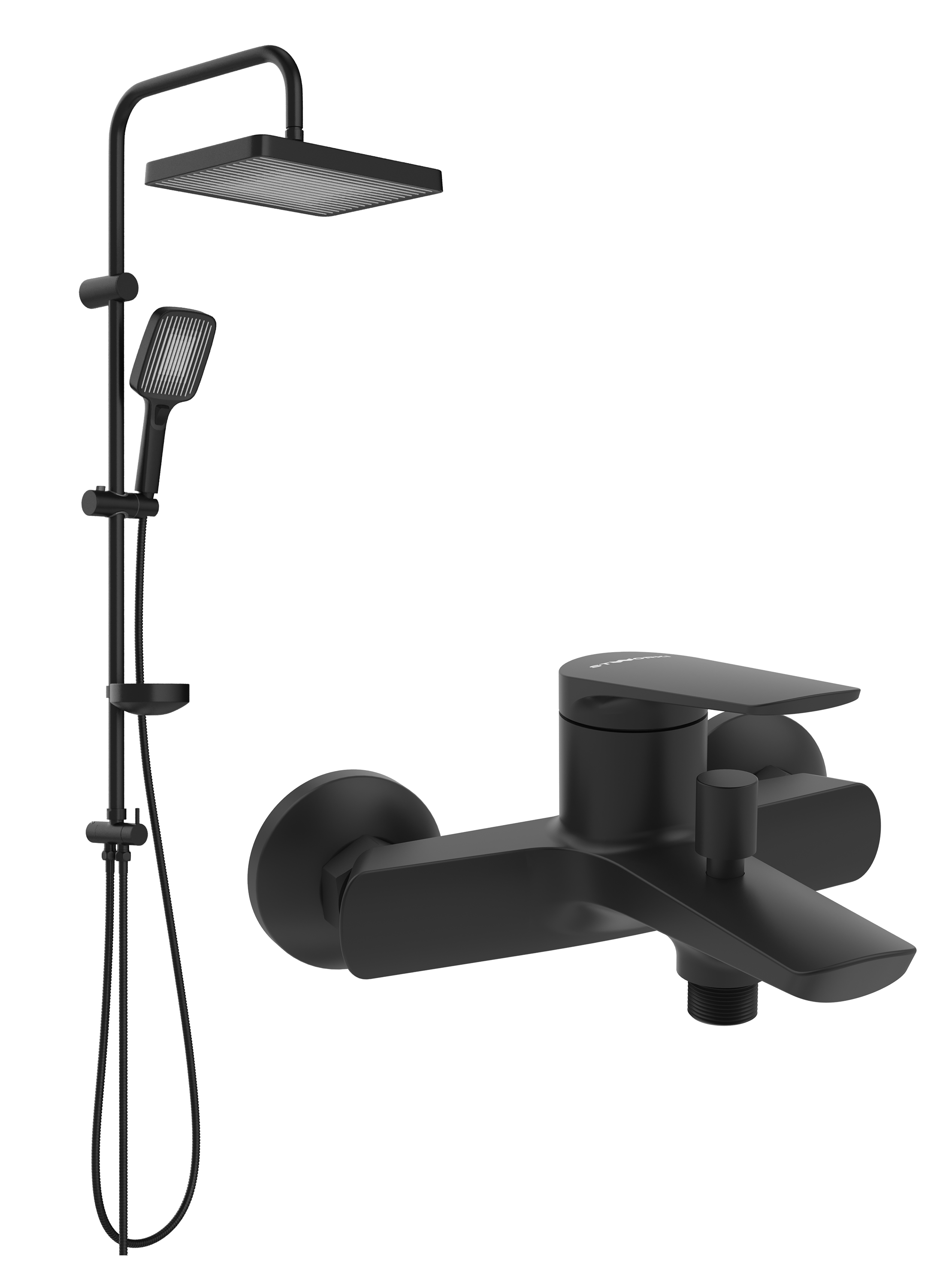 Душевой комплект Смеситель STWORKI Вирклунд S05100BK матовый чёрный + Стойка Берген S21180BK