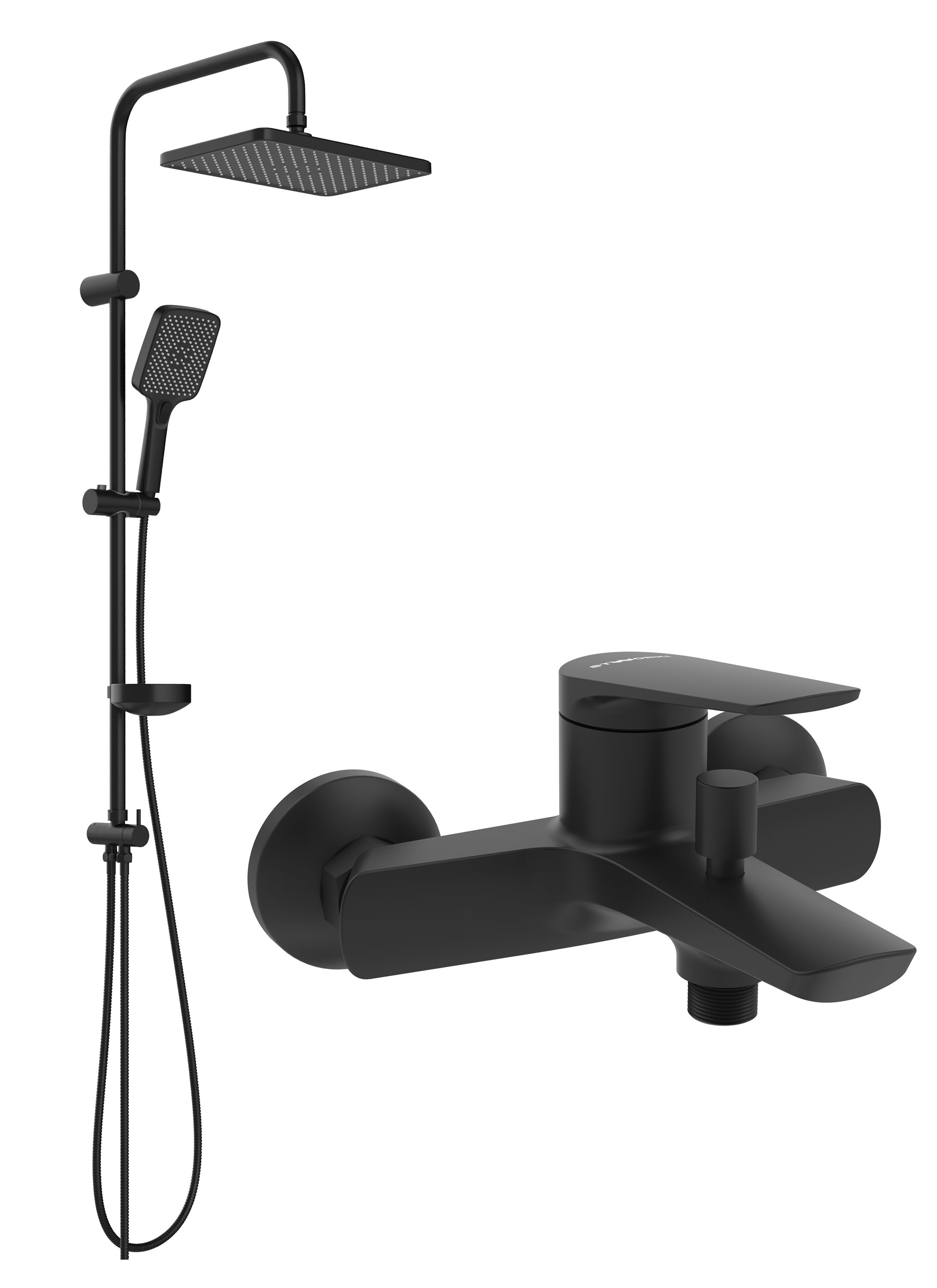 Душевой комплект Смеситель STWORKI Вирклунд S05100BK матовый чёрный + Стойка Колдинг S32180BK