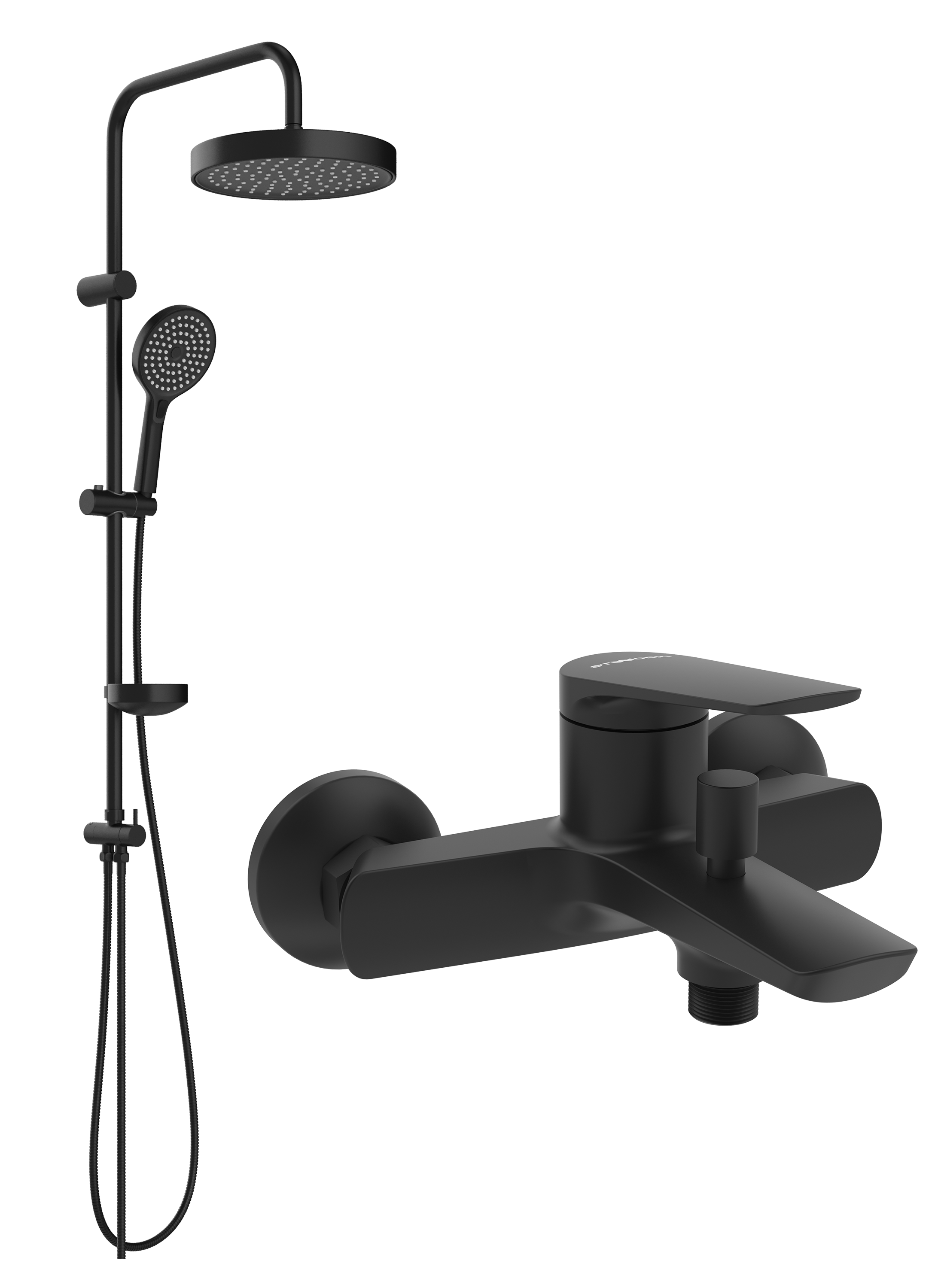 Душевой комплект Смеситель STWORKI Вирклунд S05100BK матовый чёрный + Стойка Хельсингборг S18180BK