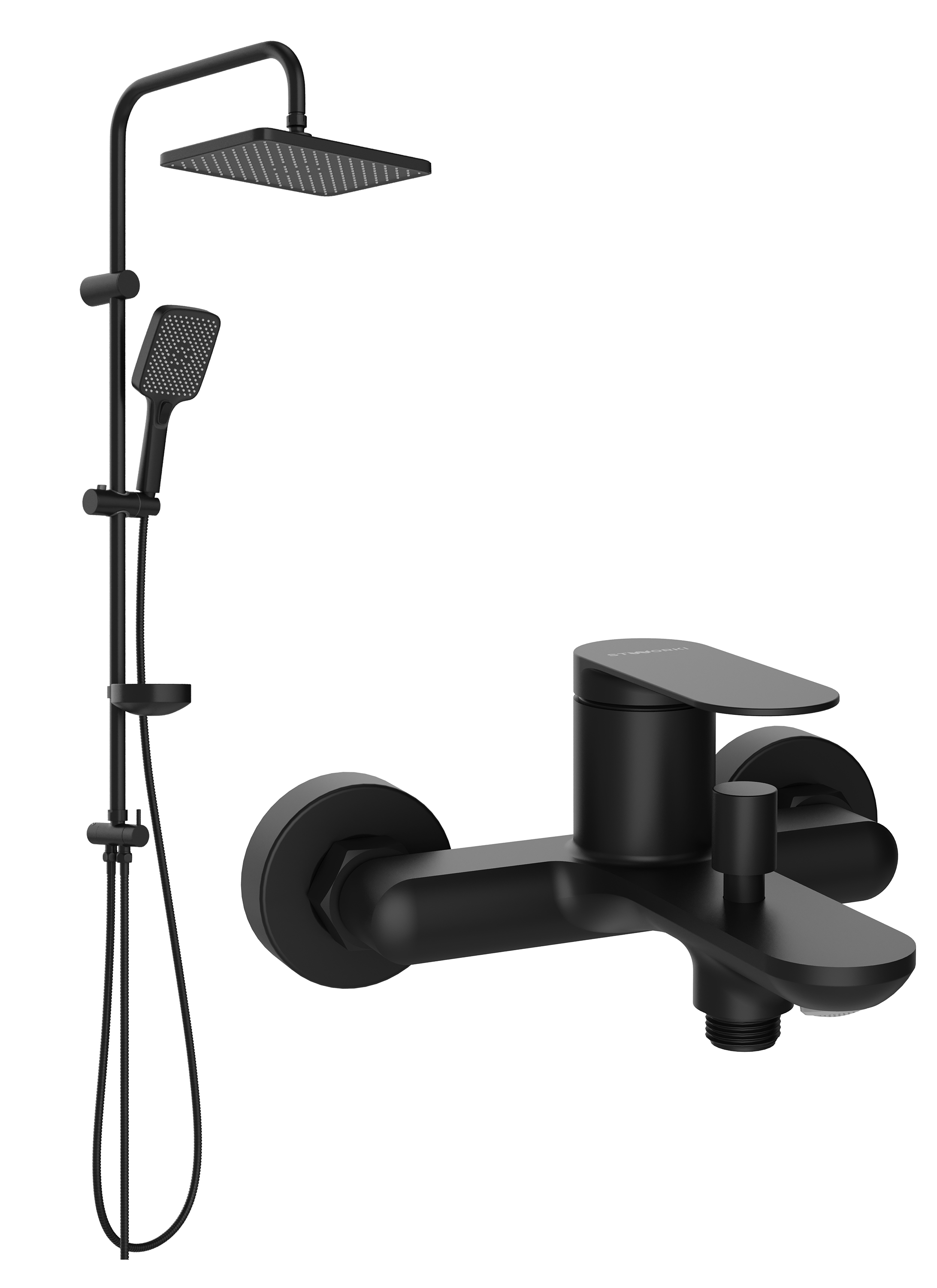Душевой комплект Смеситель STWORKI Сортланд S10100BK матовый чёрный + Стойка Колдинг S32180BK