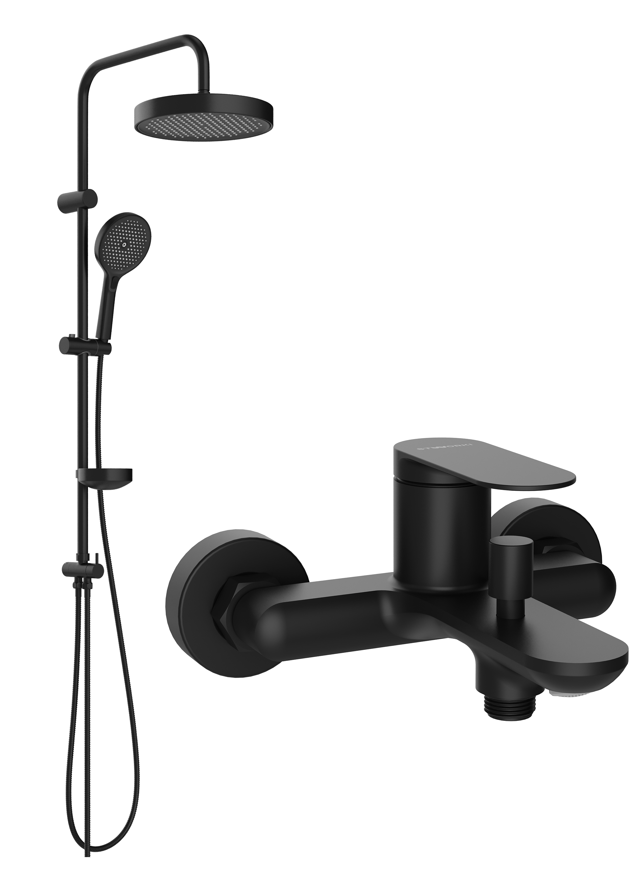 Душевой комплект Смеситель STWORKI Сортланд S10100BK матовый чёрный + Стойка Монтре S30180BK