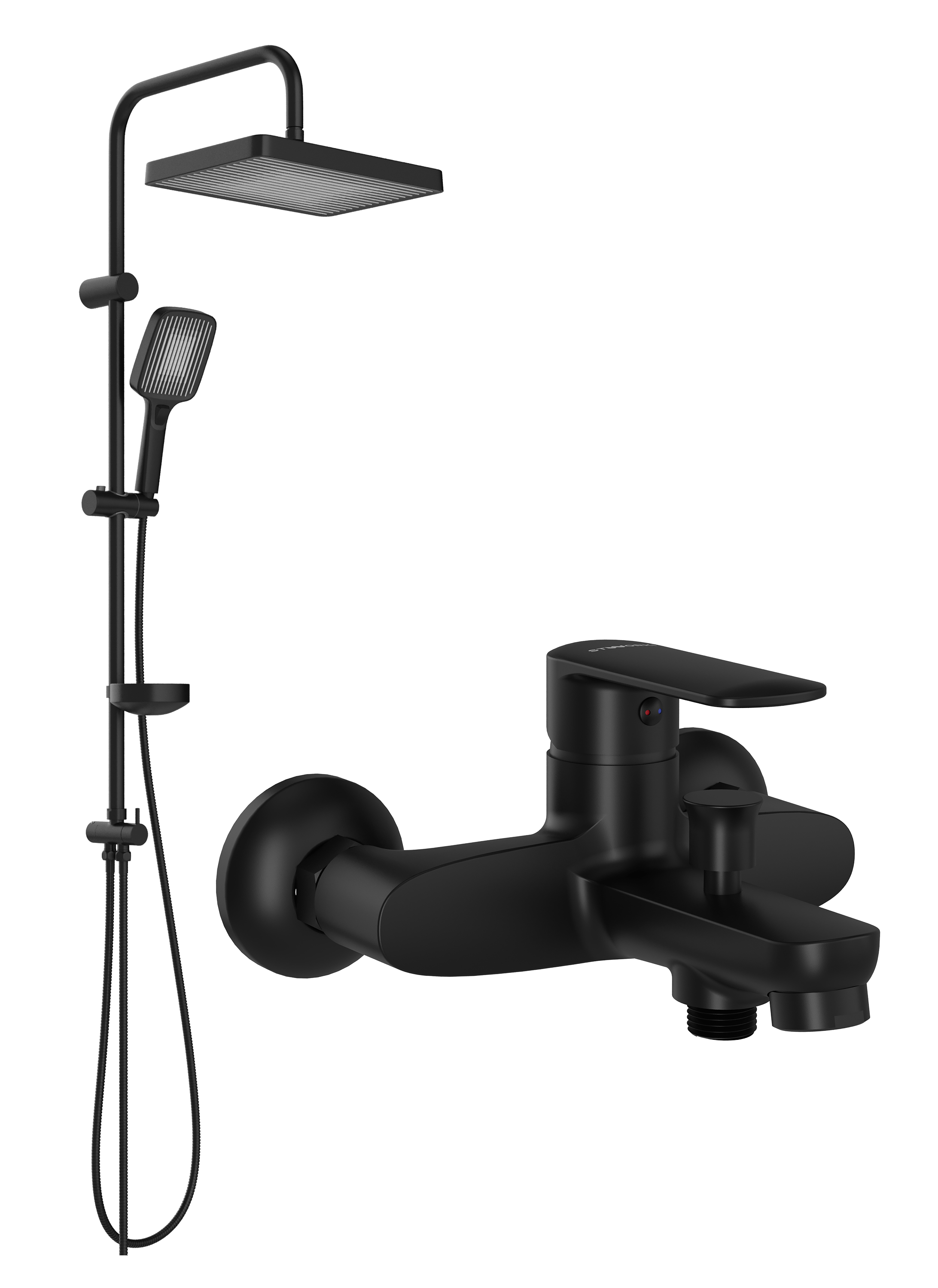 Душевой комплект Смеситель STWORKI Хадстен S17100BK матовый чёрный + Стойка Берген S21180BK