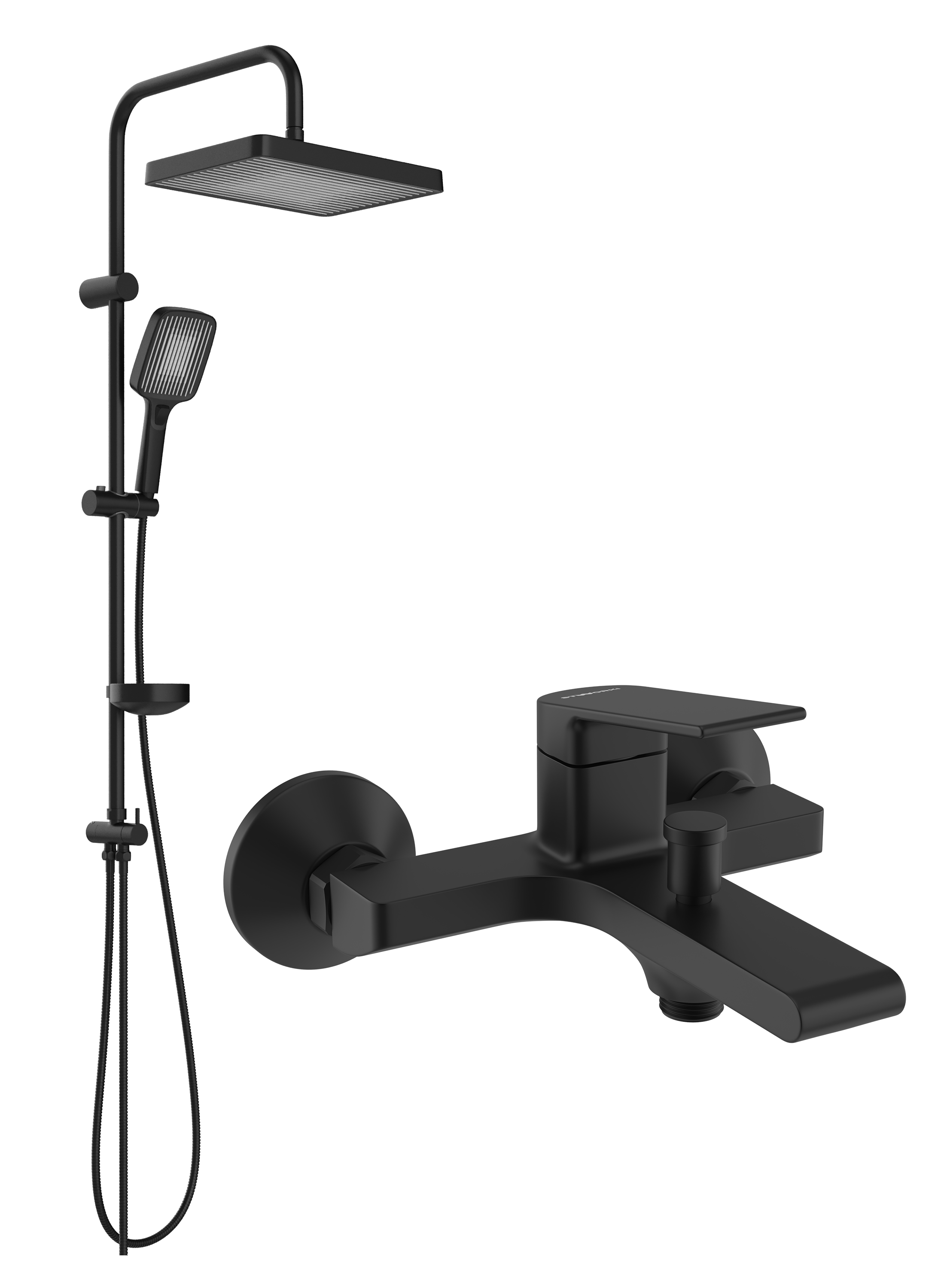 Душевой комплект Смеситель STWORKI Ольборг S20100BK матовый черный + Стойка Берген S21180BK