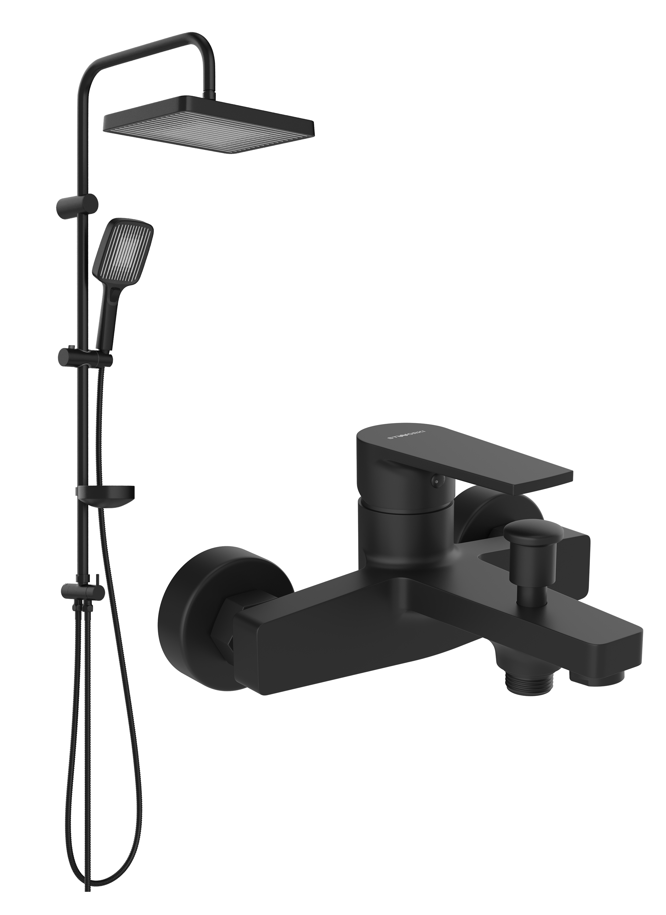Душевой комплект Смеситель STWORKI Берген S21100BK матовый черный + Стойка S21180BK