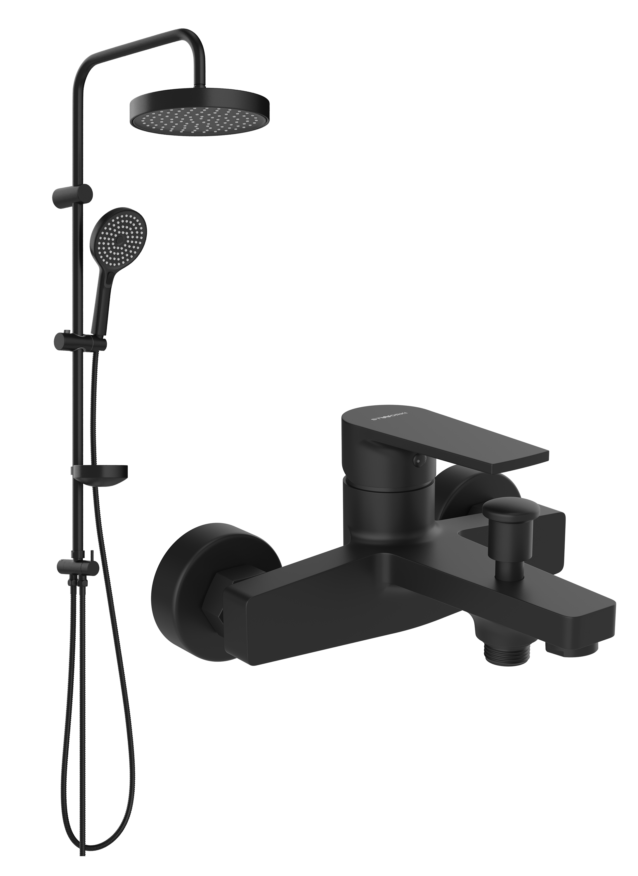 Душевой комплект Смеситель STWORKI Берген S21100BK матовый черный + Стойка Хельсингборг S18180BK