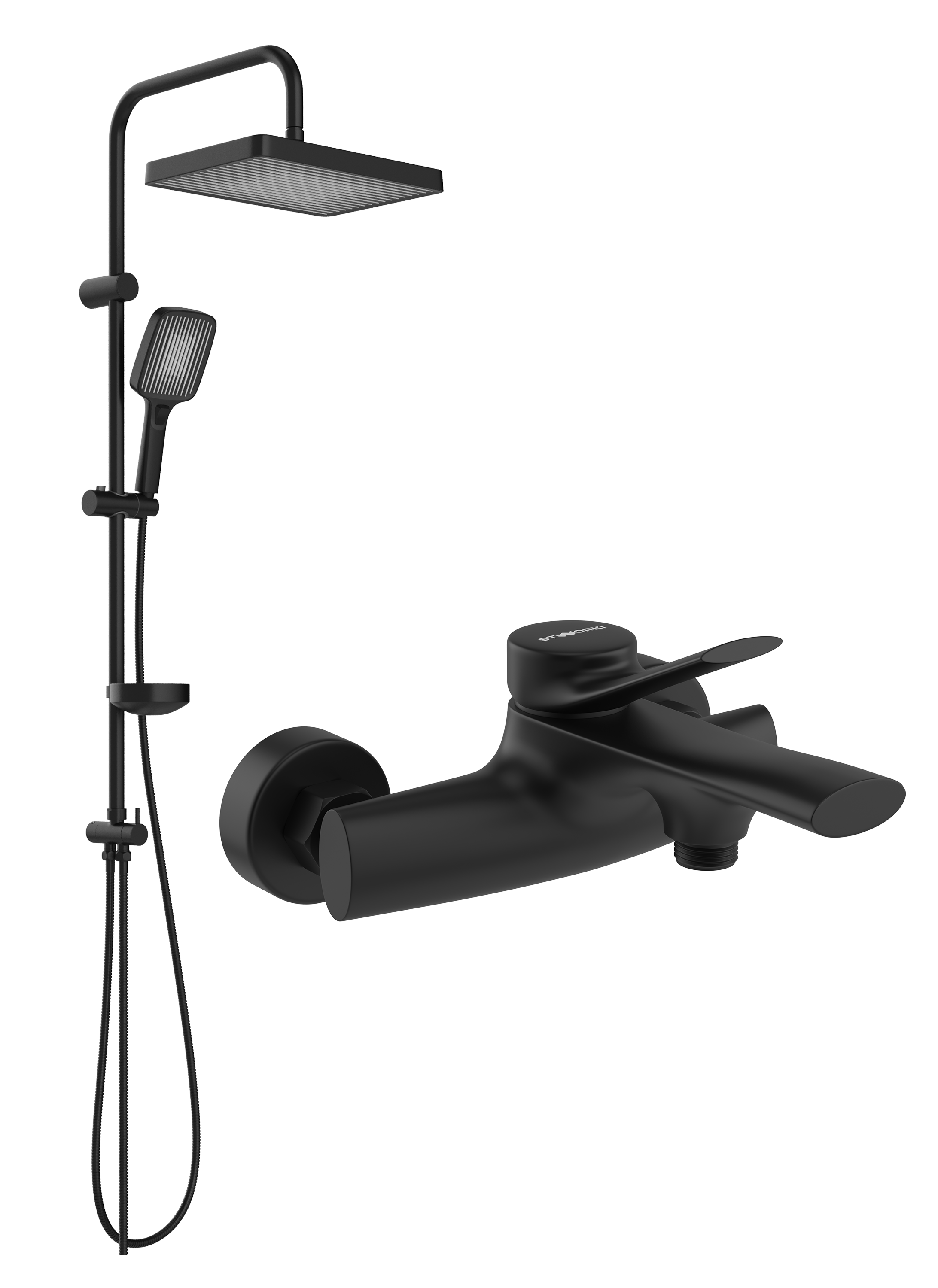 Душевой комплект Смеситель STWORKI Ларвик S24100BK матовый черный + Стойка Берген S21180BK