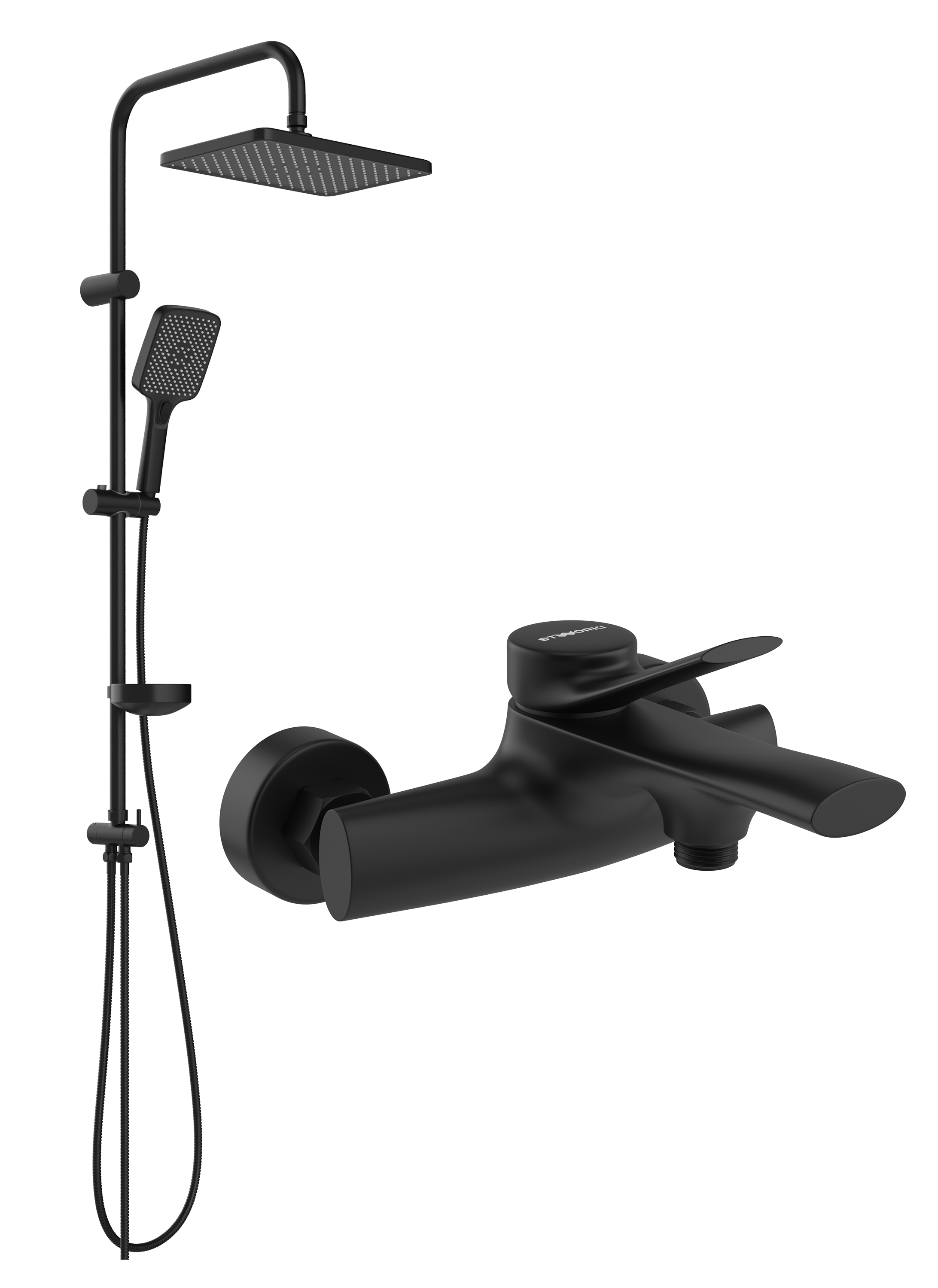 Душевой комплект Смеситель STWORKI Ларвик S24100BK матовый черный + Стойка Колдинг S32180BK