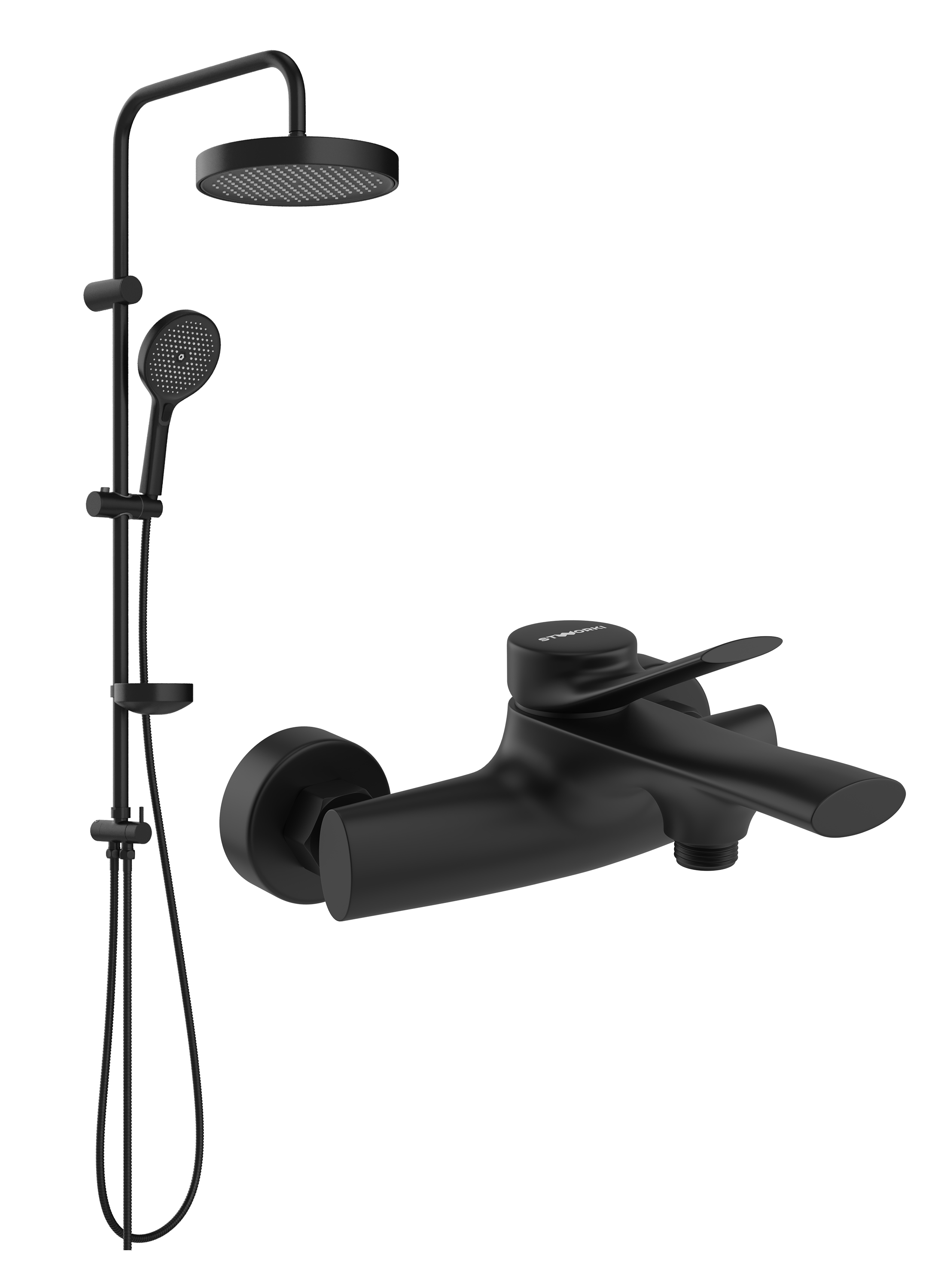 Душевой комплект Смеситель STWORKI Ларвик S24100BK матовый черный + Стойка Монтре S30180BK