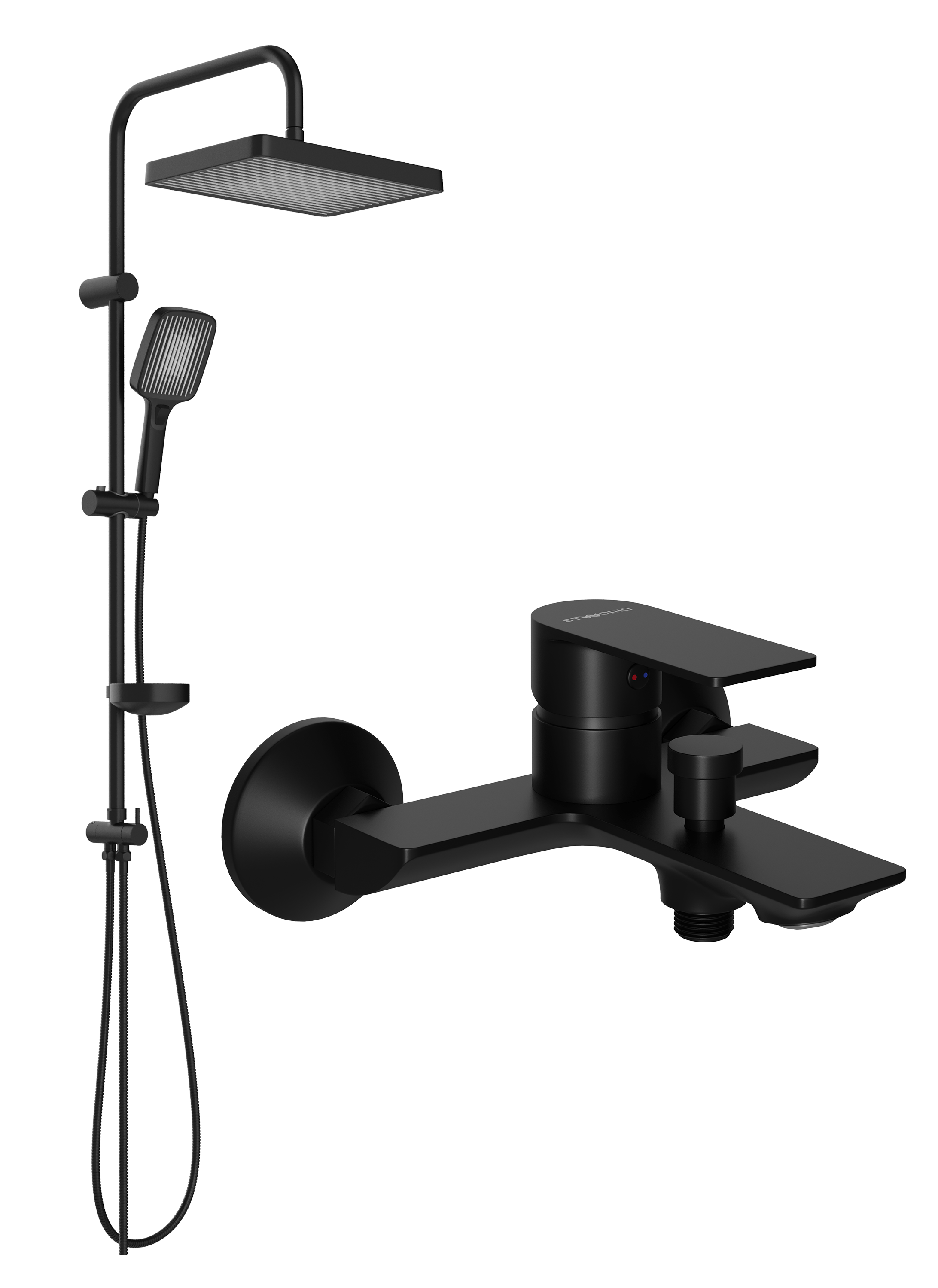 Душевой комплект Смеситель STWORKI Гриндстед S29100BK матовый черный + Стойка Берген S21180BK