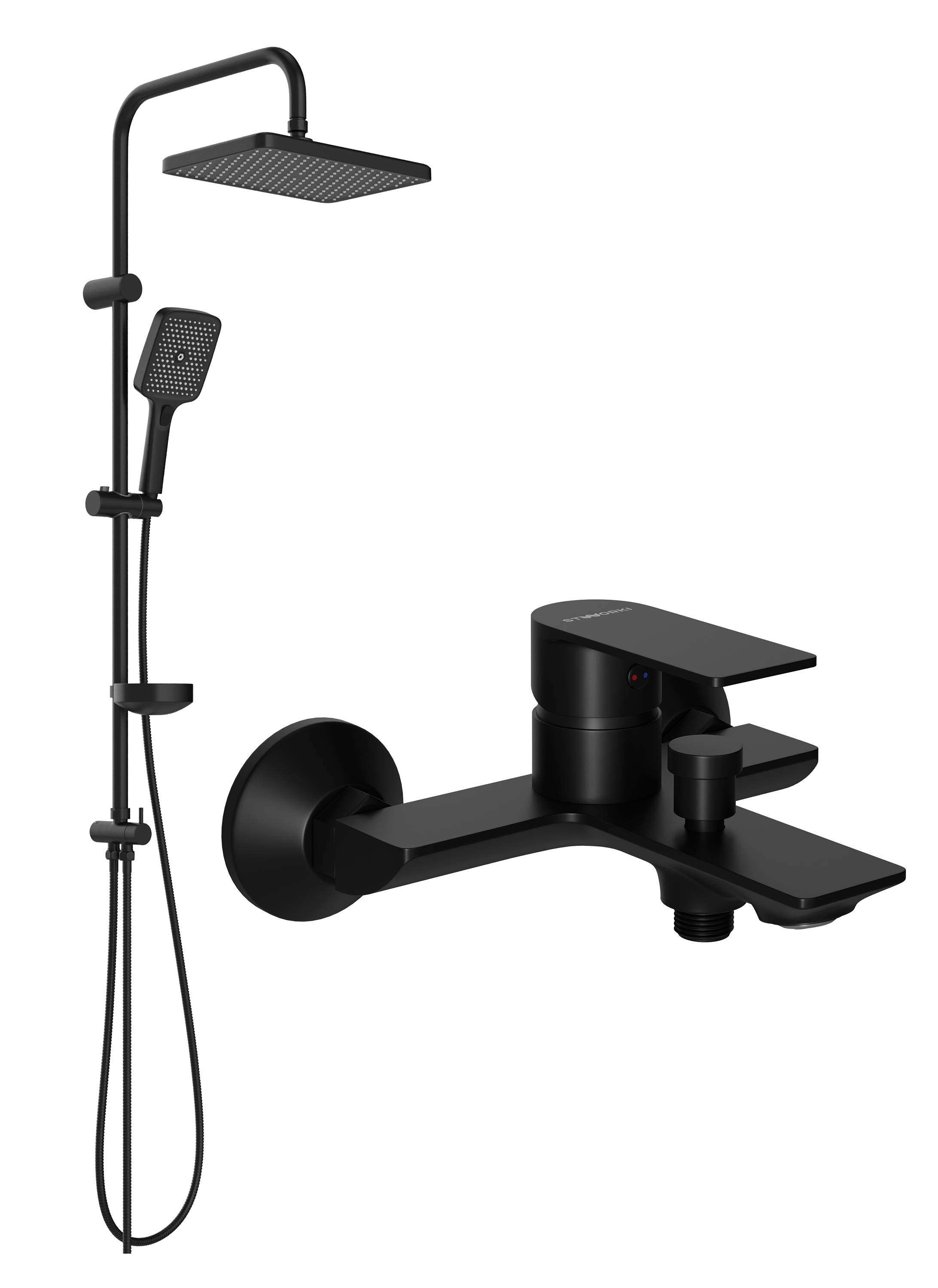 Душевой комплект Смеситель STWORKI Гриндстед S29100BK матовый черный + Стойка Вестерос S26180BK