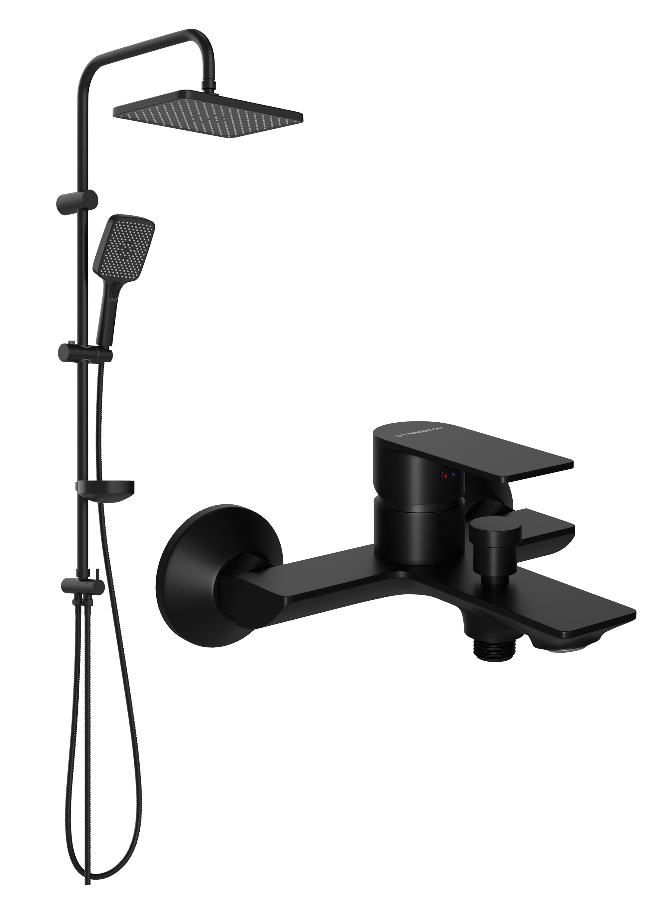 Душевой комплект Смеситель STWORKI Гриндстед S29100BK матовый черный + Стойка Колдинг S32180BK