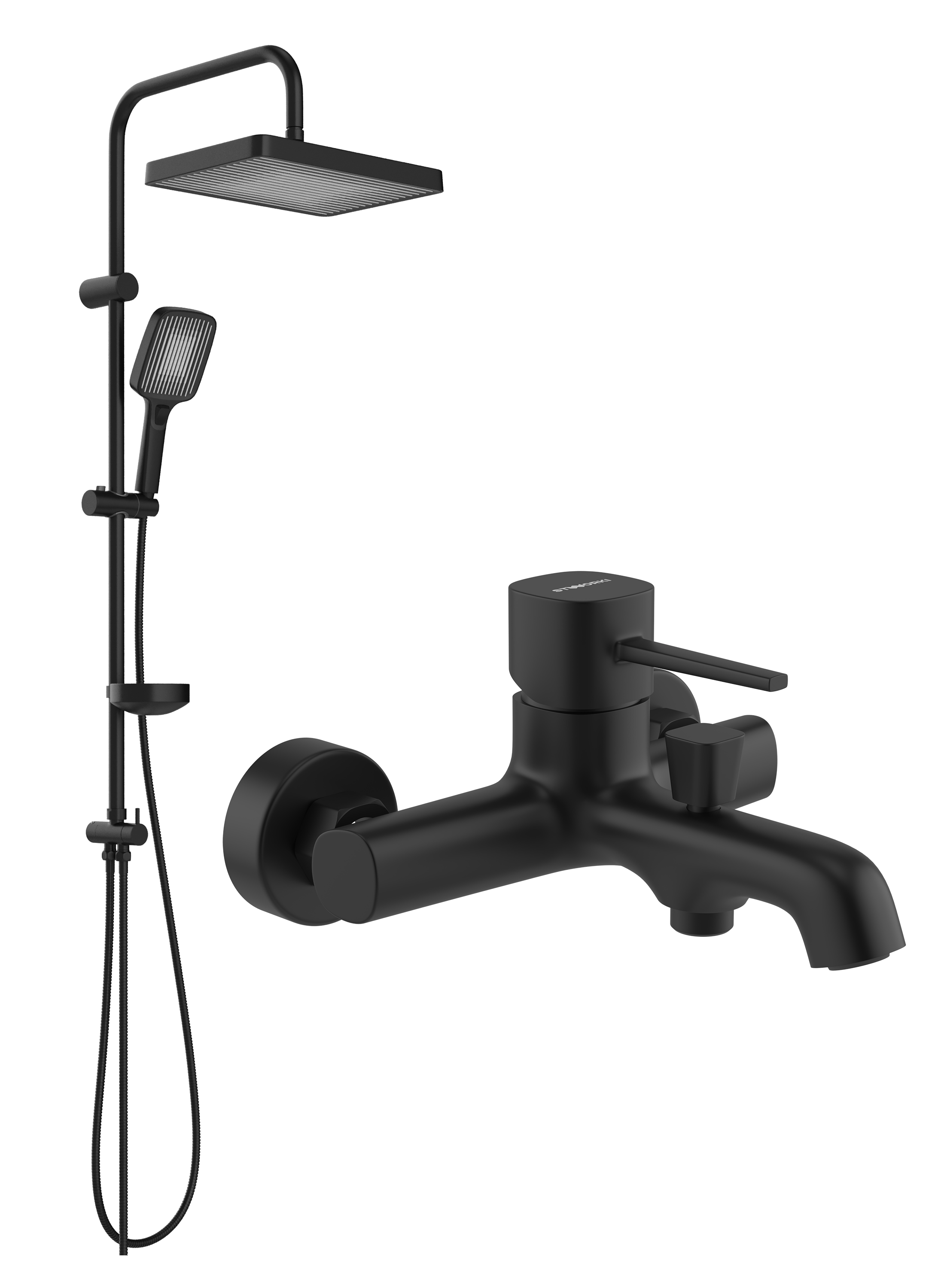 Душевой комплект Смеситель STWORKI Эстерсунд S31100BK матовый черный + Стойка Берген S21180BK