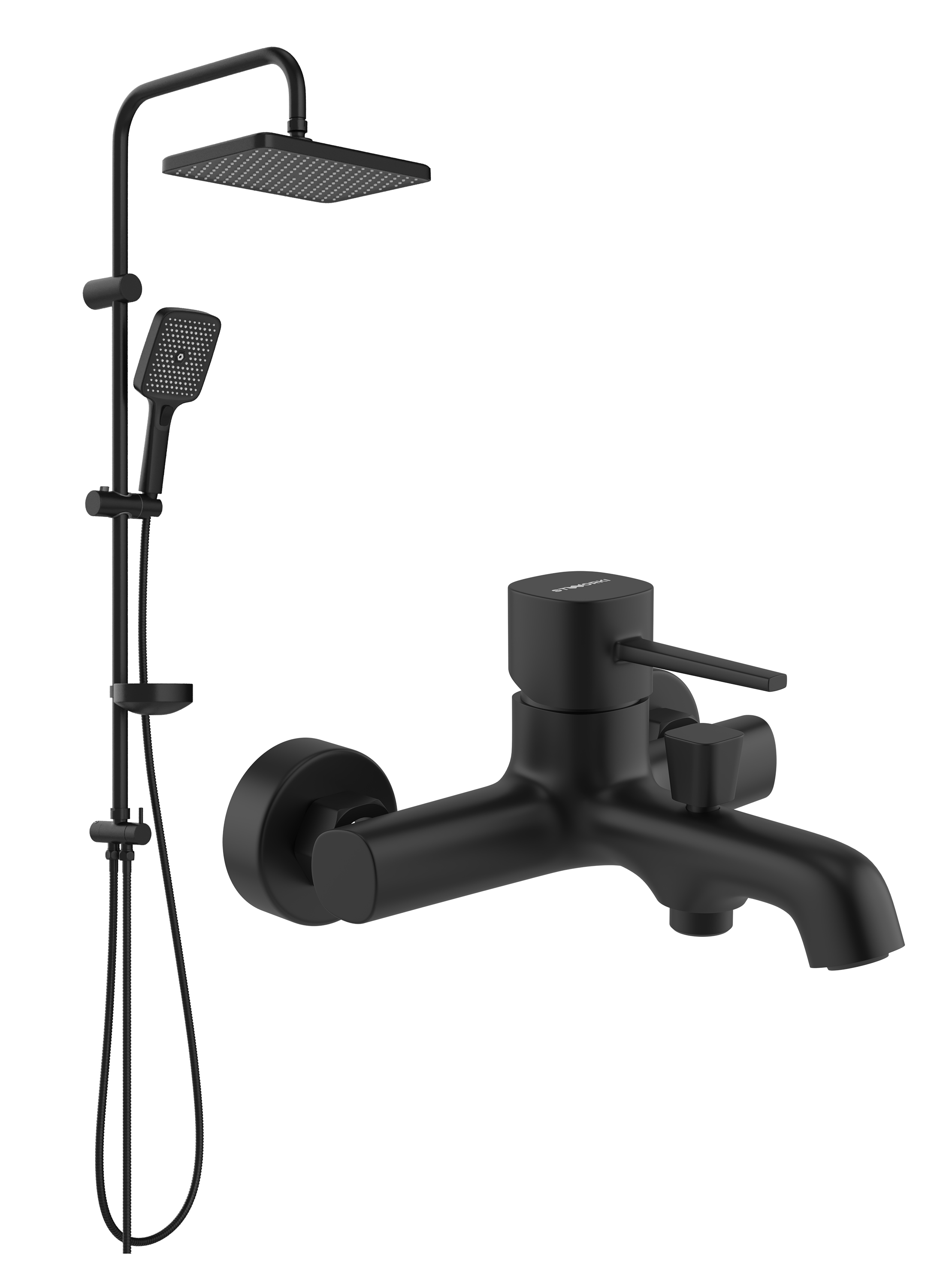 Душевой комплект Смеситель STWORKI Эстерсунд S31100BK матовый черный + Стойка Вестерос S26180BK