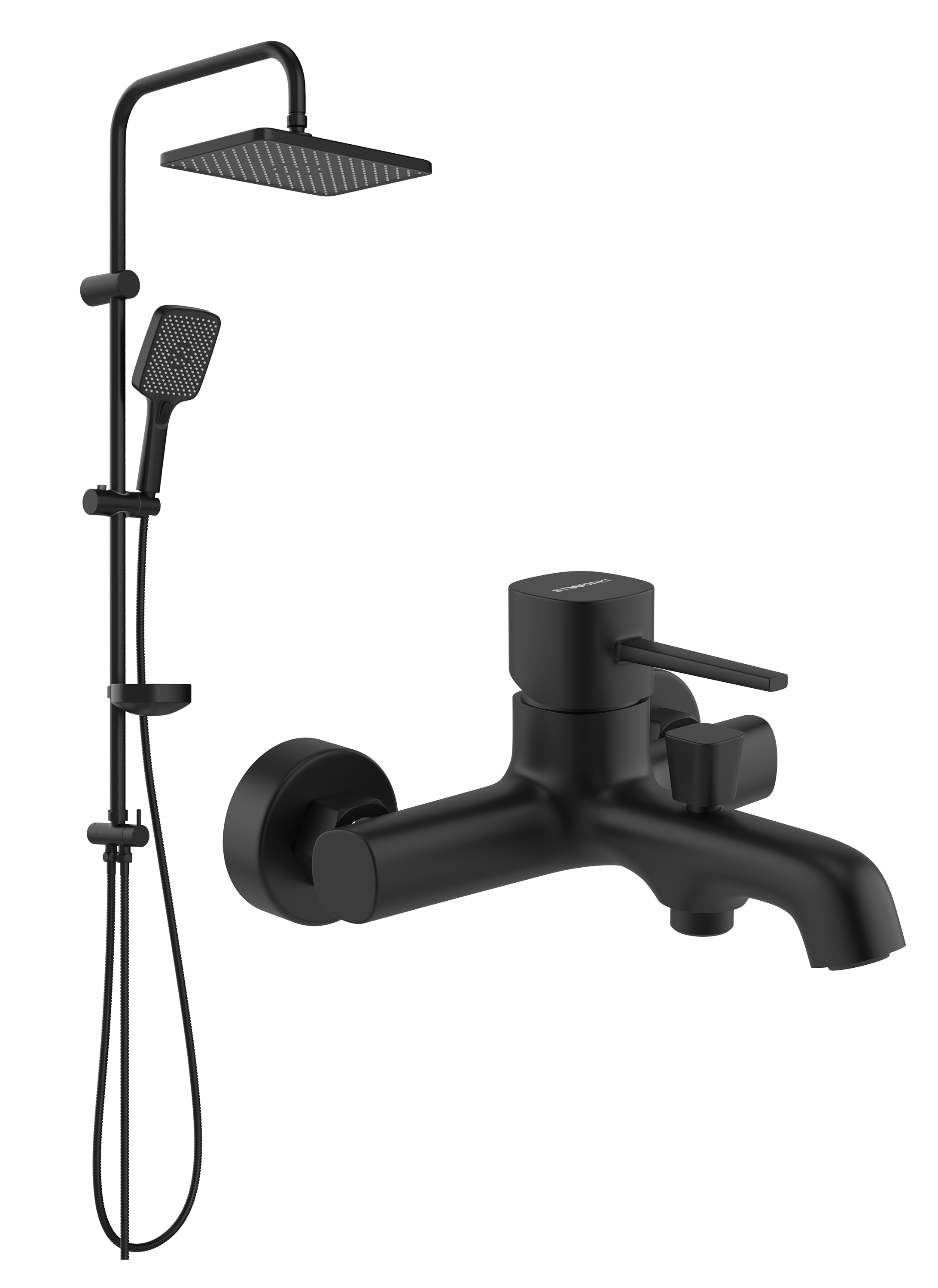 Душевой комплект Смеситель STWORKI Эстерсунд S31100BK матовый черный + Стойка Колдинг S32180BK